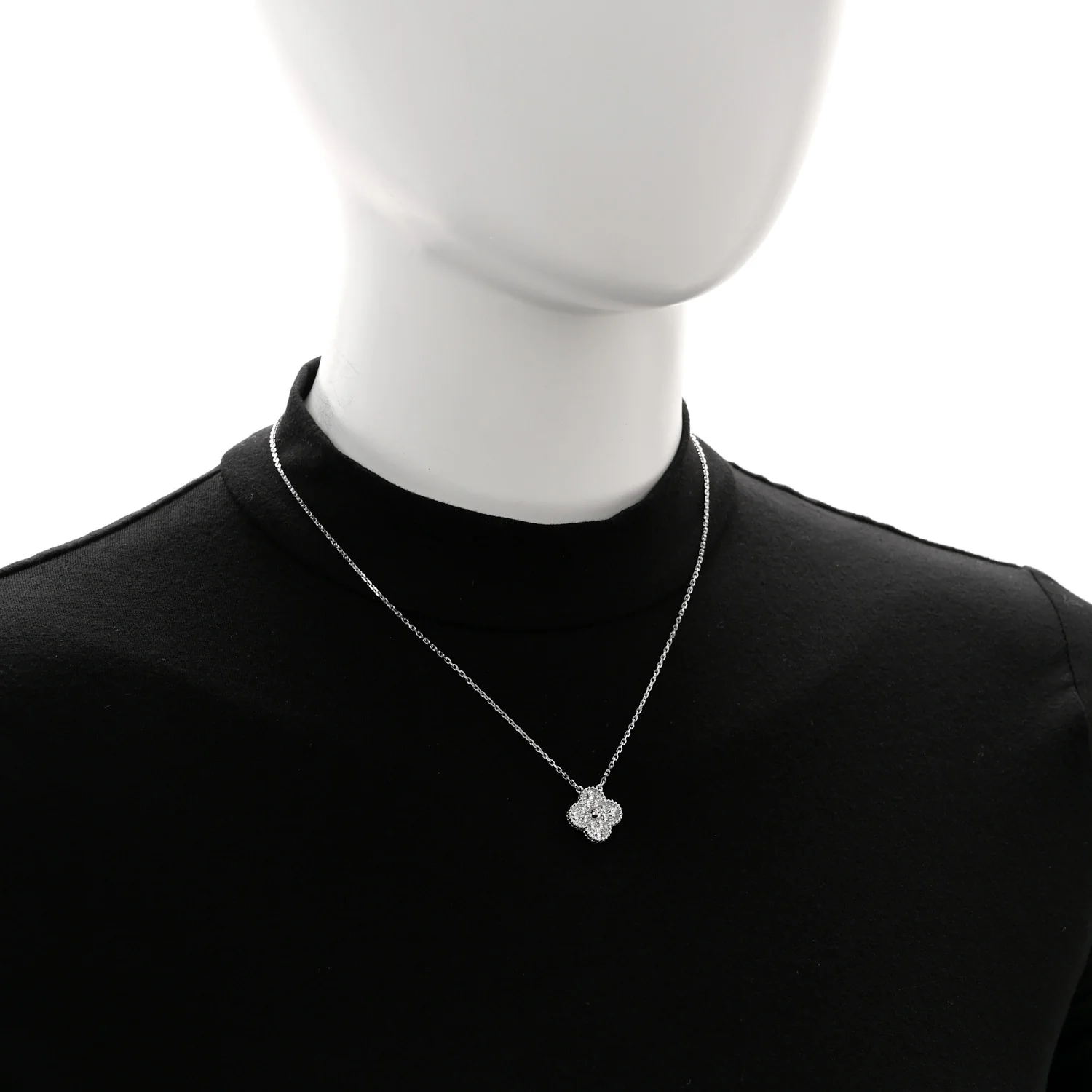 18K White Gold Diamond Vintage Alhambra Pendant Necklace - Image 2
