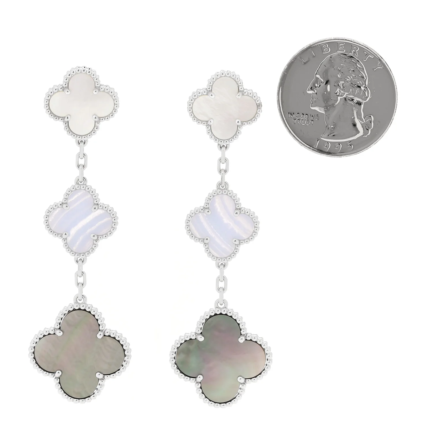 18K White Gold Mother of Pearl Chalcedony 3 Motifs Magic Alhambra Earrings - Image 2