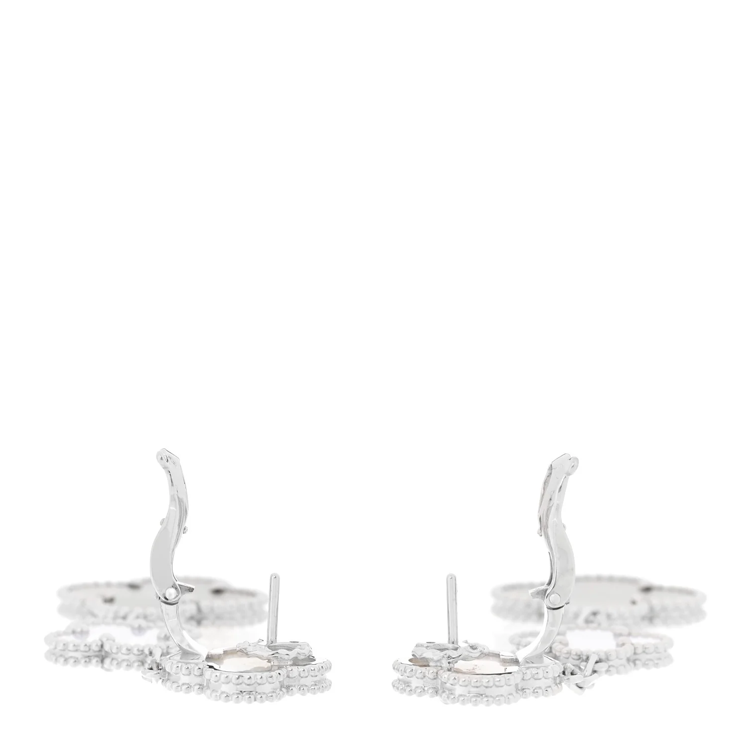 18K White Gold Mother of Pearl Chalcedony 3 Motifs Magic Alhambra Earrings - Image 3