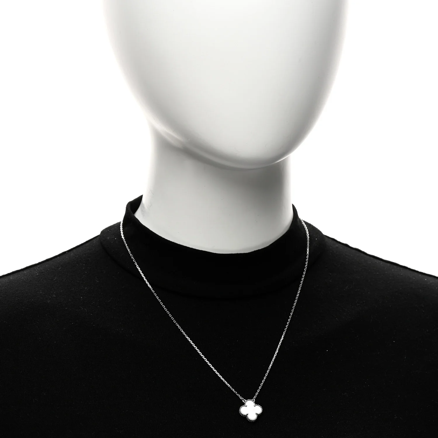 18K White Gold Mother of Pearl Vintage Alhambra Pendant Necklace - Image 2