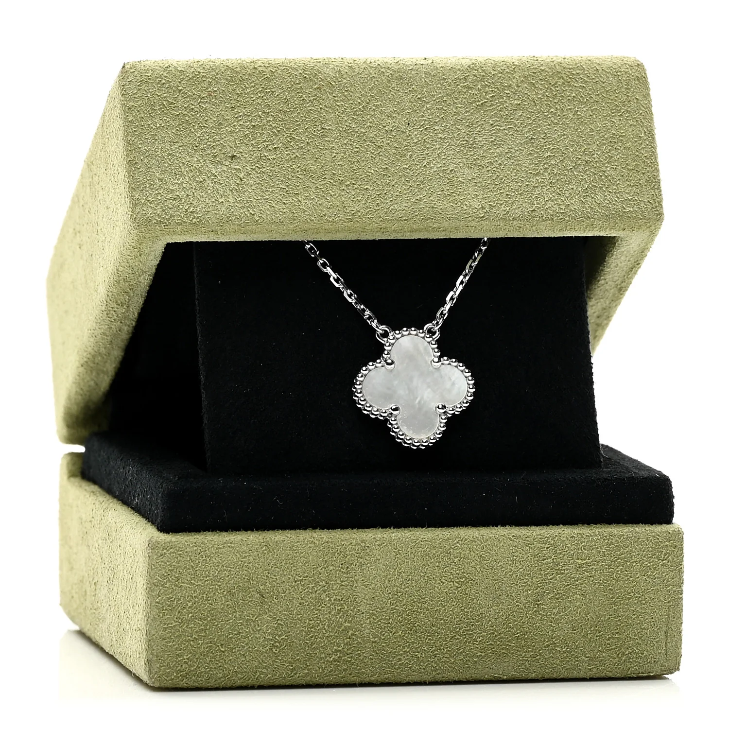 18K White Gold Mother of Pearl Vintage Alhambra Pendant Necklace - Image 6