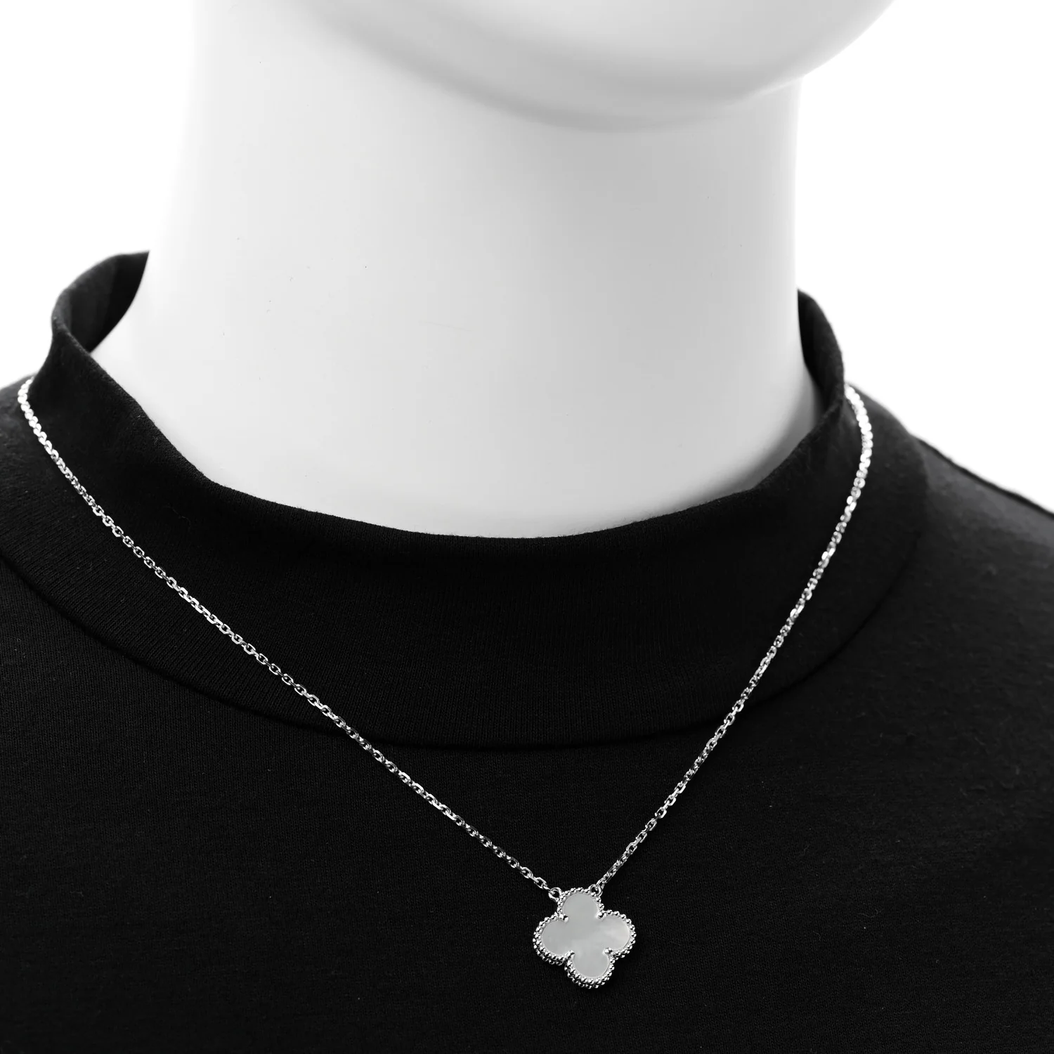 18K White Gold Mother of Pearl Vintage Alhambra Pendant Necklace - Image 2