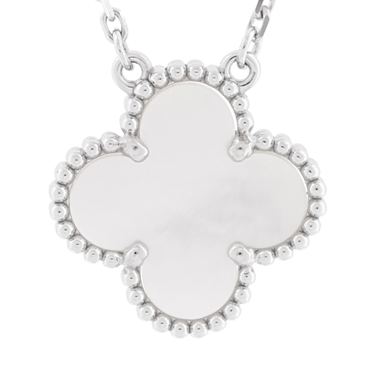 18K White Gold Mother of Pearl Vintage Alhambra Pendant Necklace - Image 4