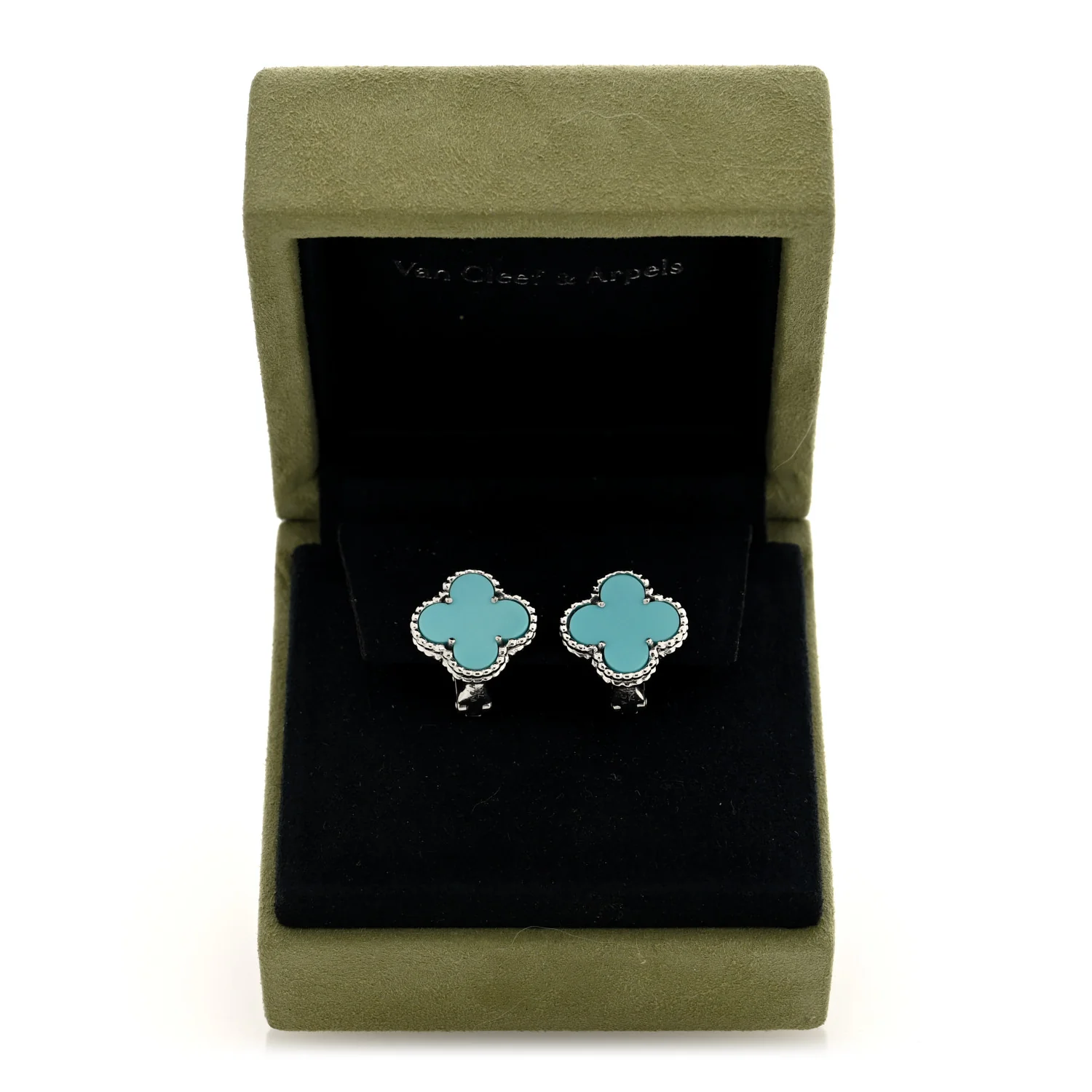 18K White Gold Turquoise Vintage Alhambra Earrings - Image 5