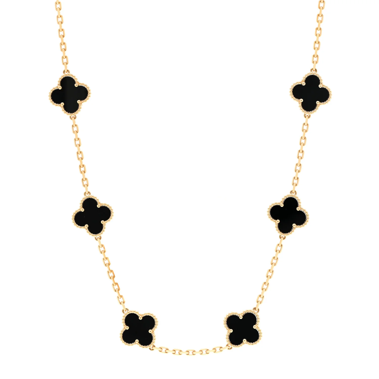 18K Yellow Gold Black Onyx 10 Motifs Vintage Alhambra Necklace