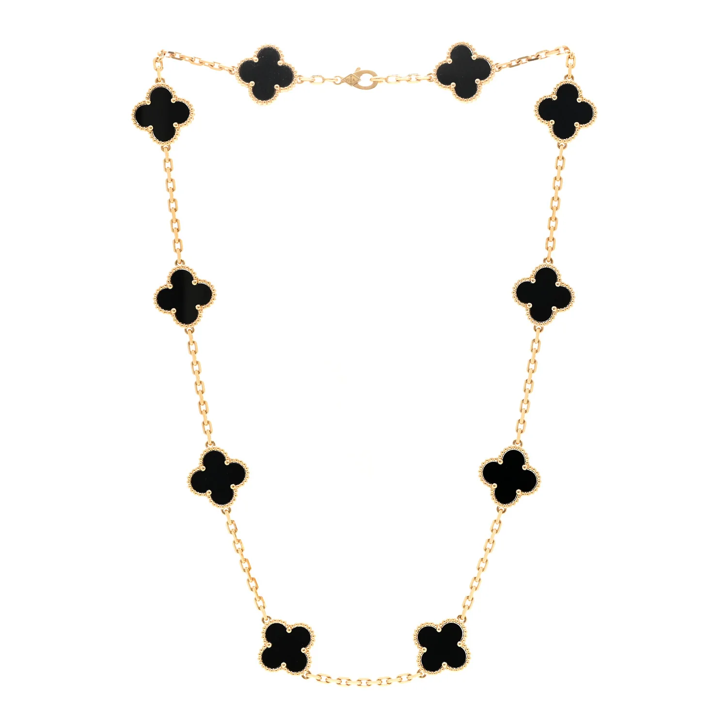 18K Yellow Gold Black Onyx 10 Motifs Vintage Alhambra Necklace - Image 3