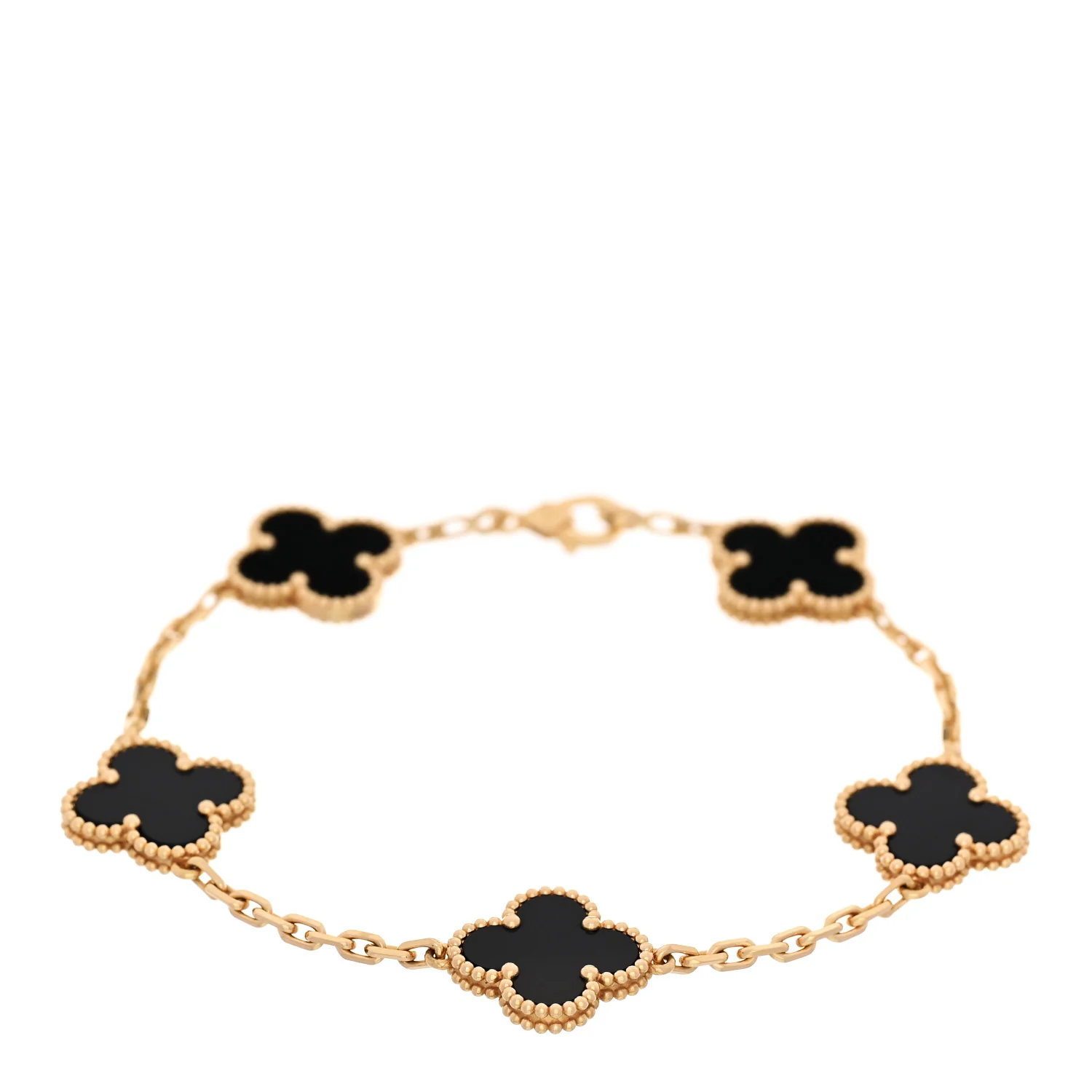 18K Yellow Gold Black Onyx 5 Motifs Vintage Alhambra Bracelet