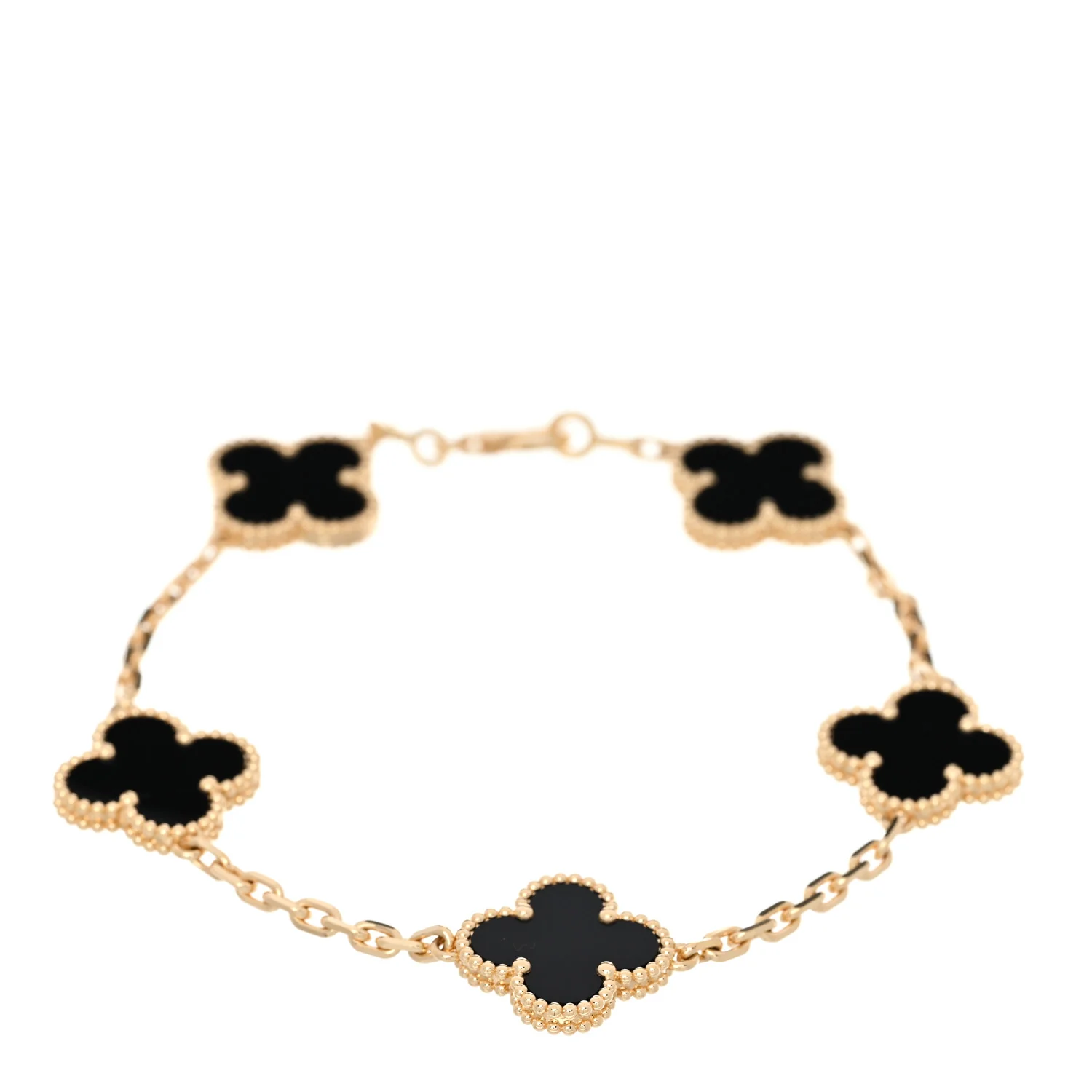 18K Yellow Gold Black Onyx 5 Motifs Vintage Alhambra Bracelet