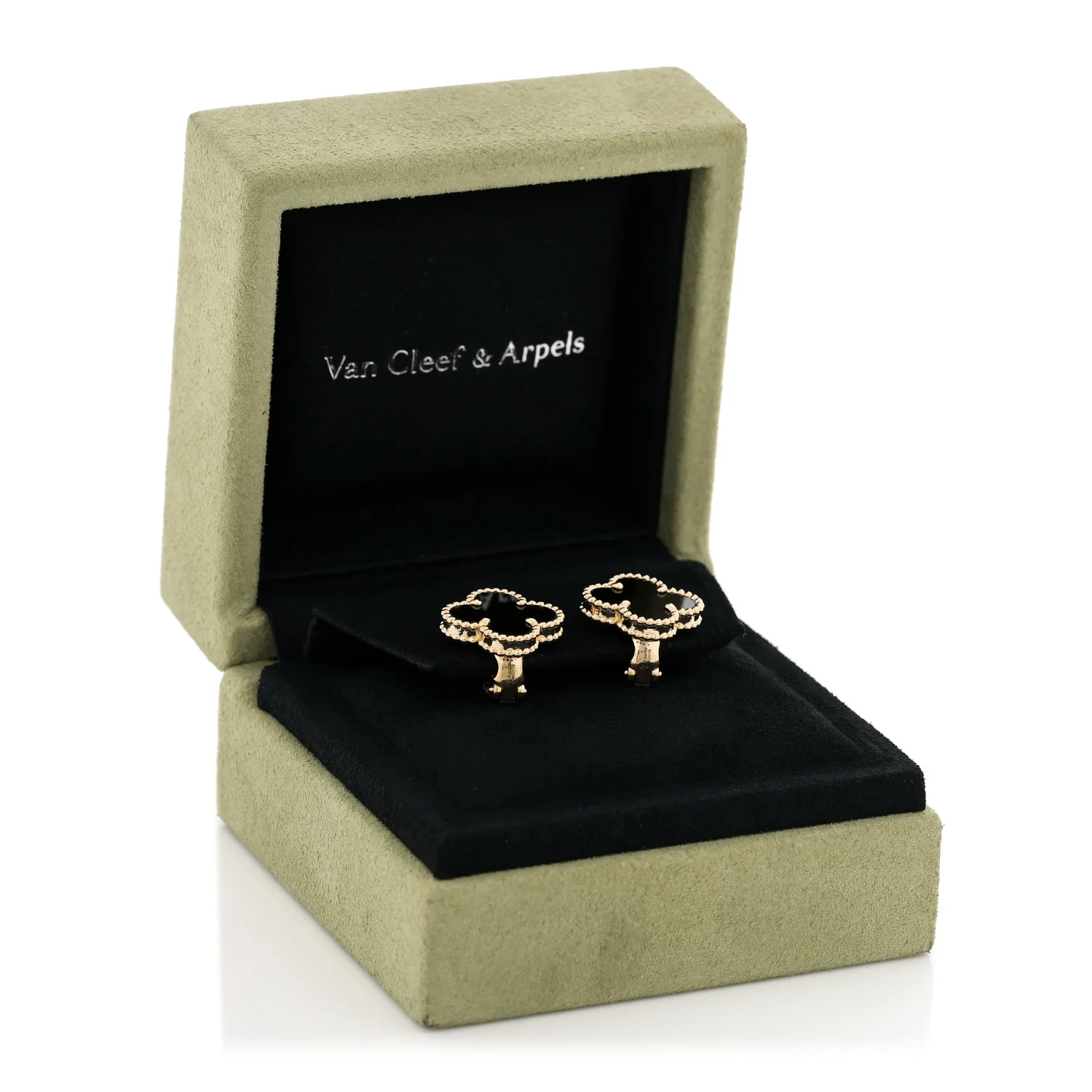 18K Yellow Gold Black Onyx Vintage Alhambra Earrings - Image 5