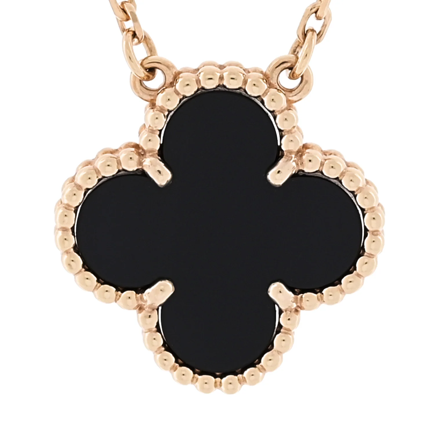 18K Yellow Gold Black Onyx Vintage Alhambra Pendant Necklace - Image 4
