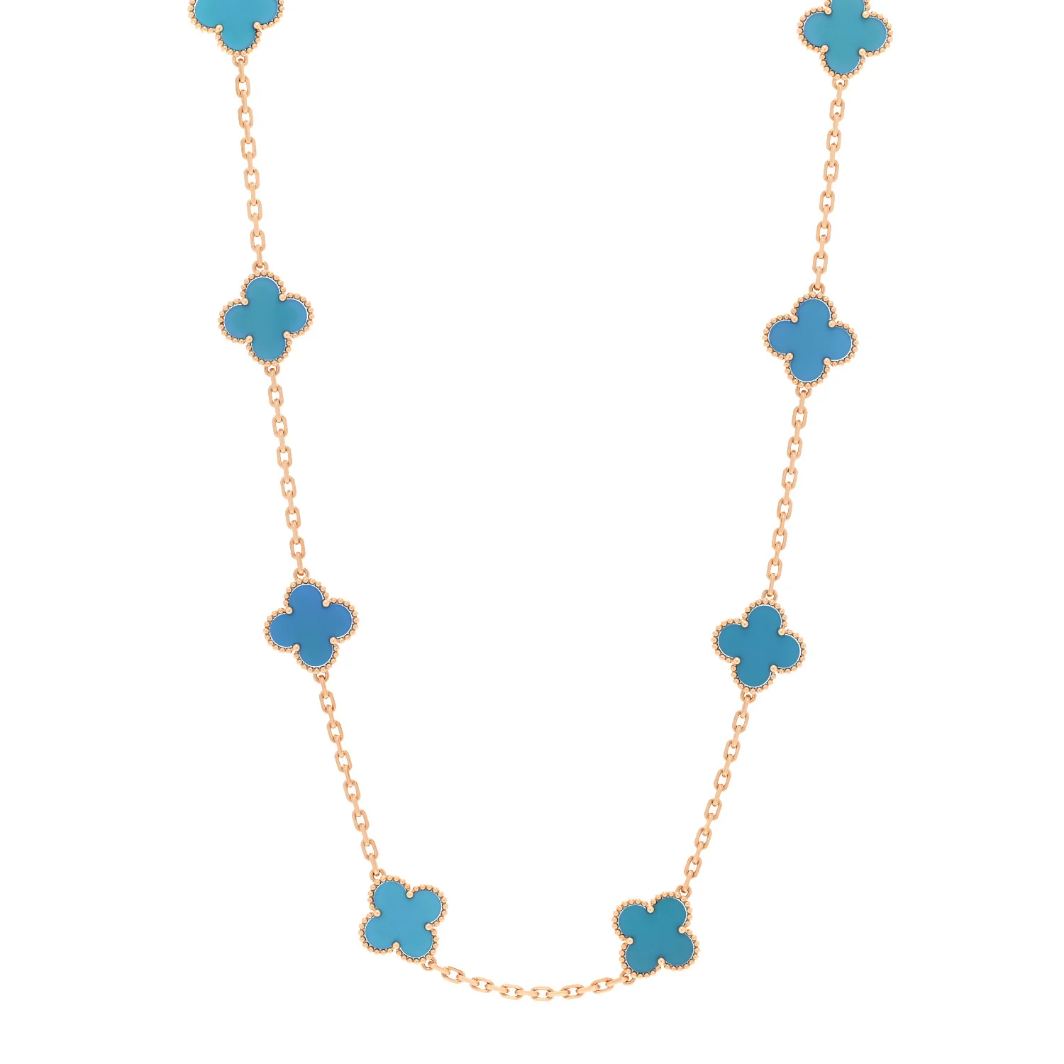 18K Yellow Gold Blue Agate 10 Motifs Vintage Alhambra Necklace