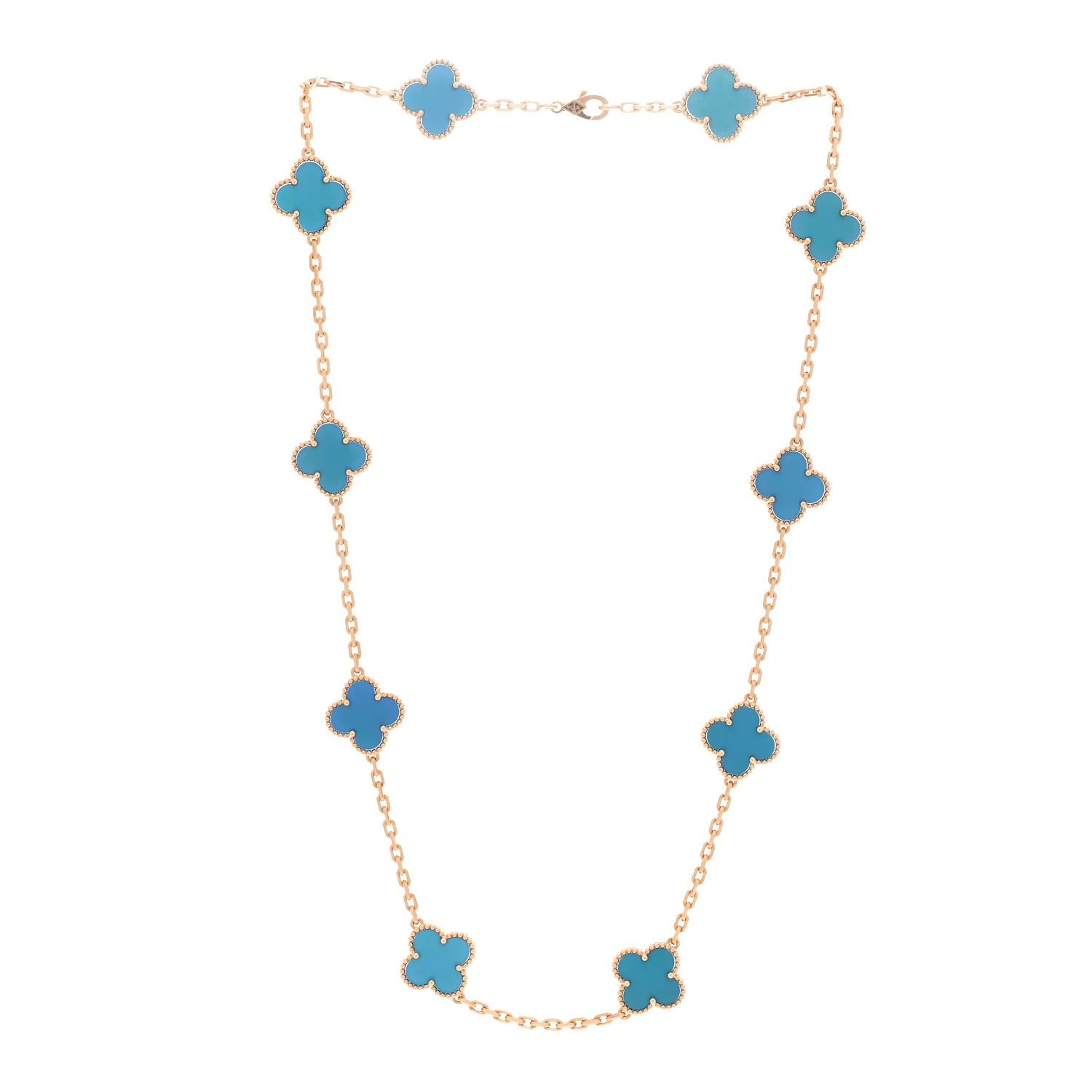 18K Yellow Gold Blue Agate 10 Motifs Vintage Alhambra Necklace - Image 3