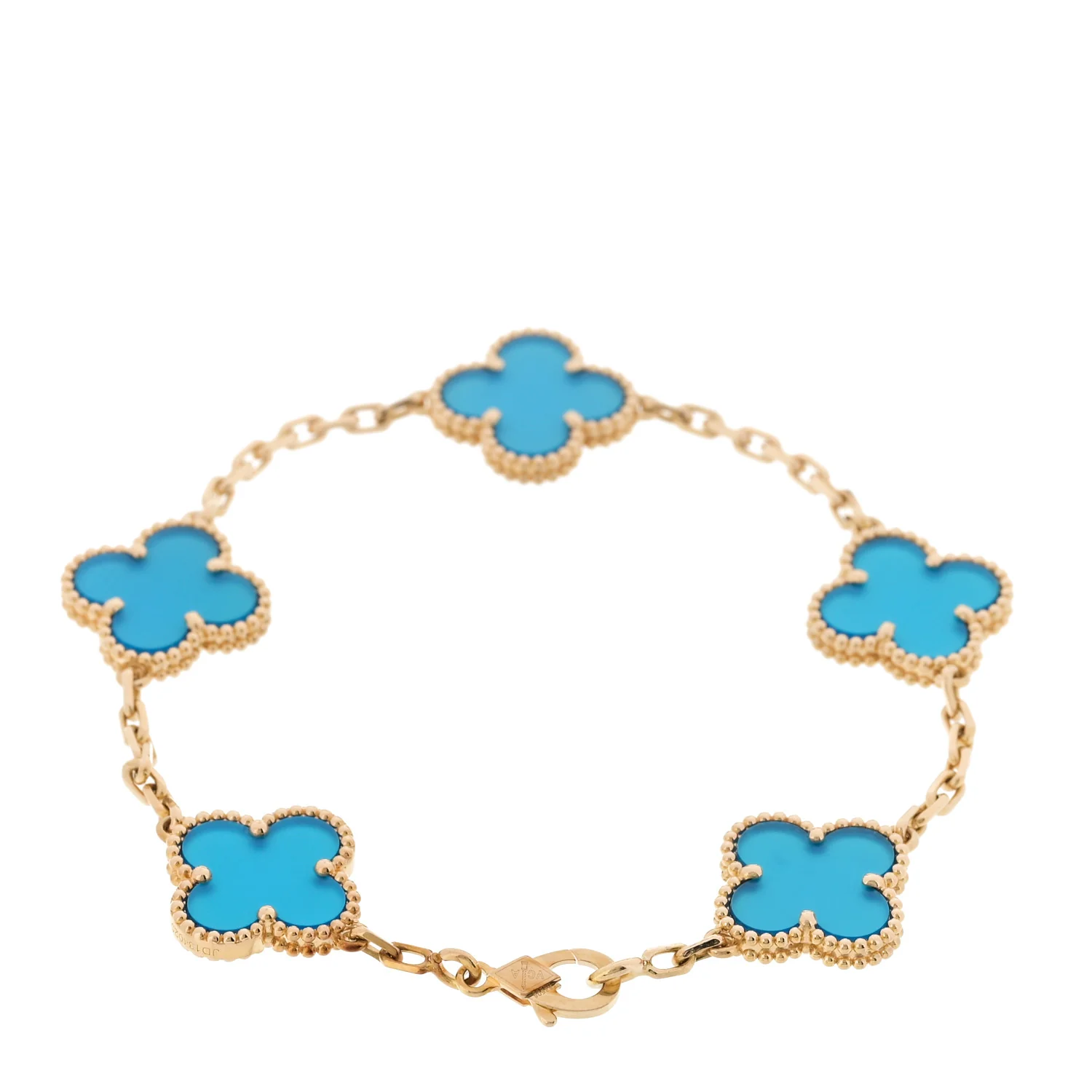 18K Yellow Gold Blue Agate 5 Motifs Vintage Alhambra Bracelet - Image 2