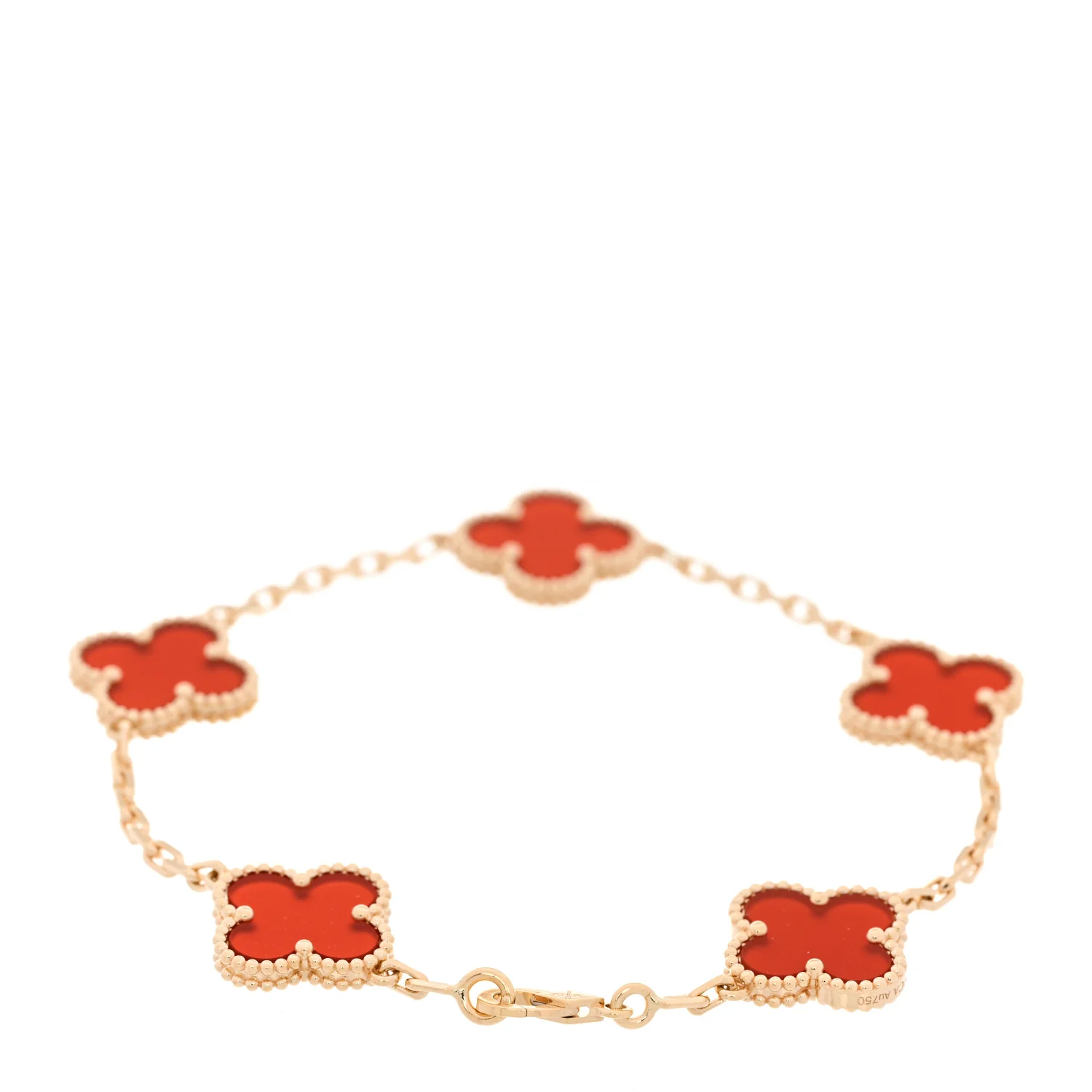 18K Yellow Gold Carnelian 5 Motifs Vintage Alhambra Bracelet - Image 2