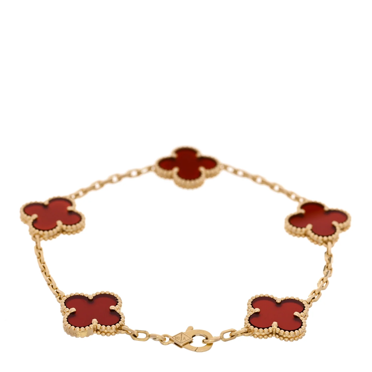 18K Yellow Gold Carnelian 5 Motifs Vintage Alhambra Bracelet - Image 2