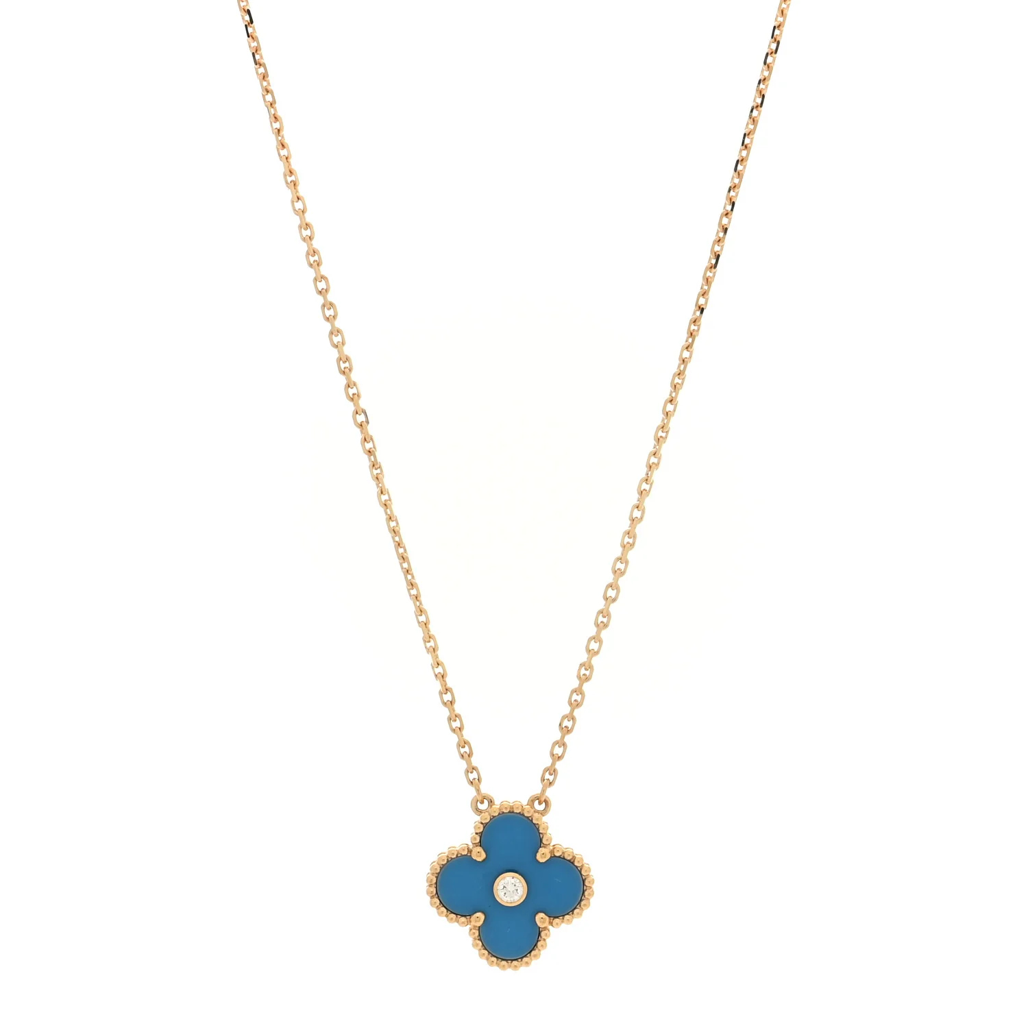 18K Yellow Gold Diamond Celestial Blue Sevres Porcelain Vintage Alhambra Pendant Necklace