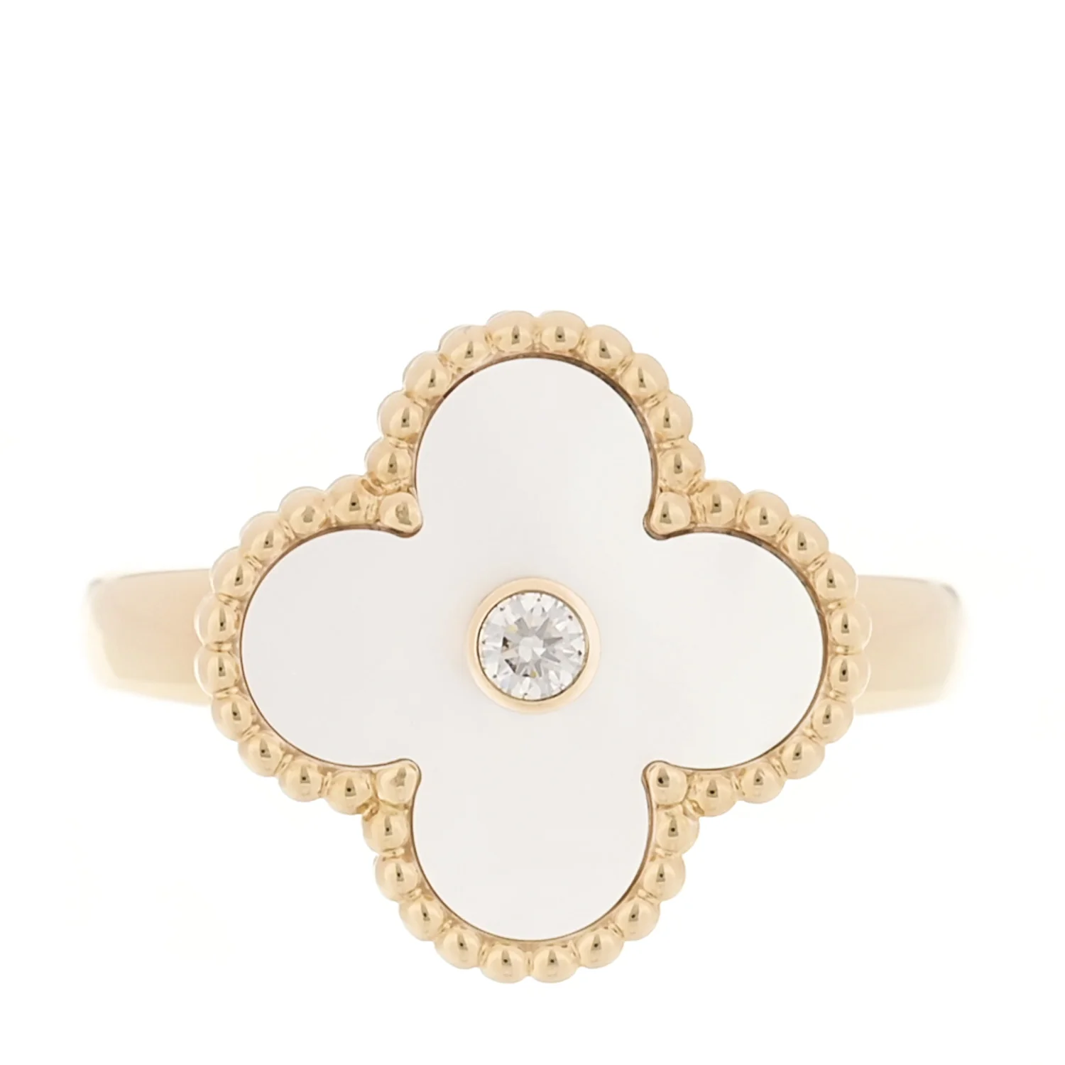 18K Yellow Gold Diamond Mother of Pearl Vintage Alhambra Ring 51 5.75