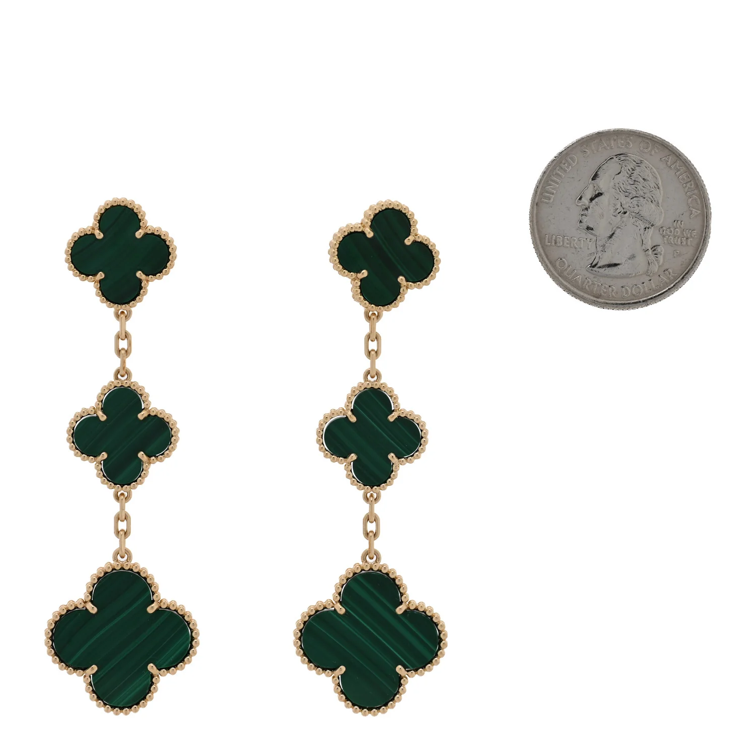 18K Yellow Gold Malachite 3 Motifs Magic Alhambra Earrings - Image 2