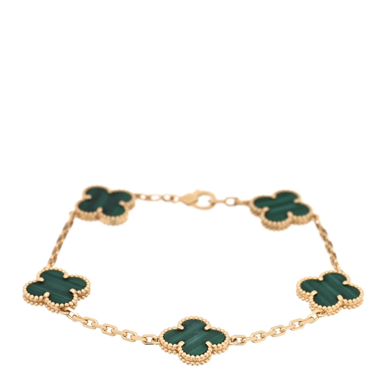 18K Yellow Gold Malachite 5 Motifs Vintage Alhambra Bracelet