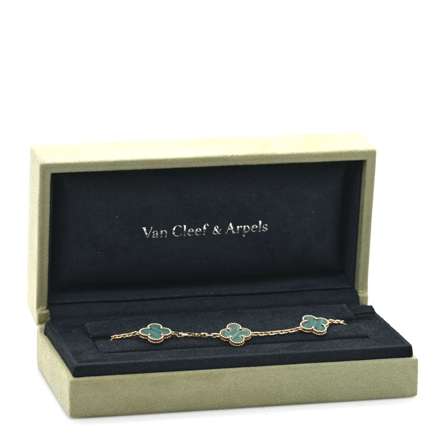 18K Yellow Gold Malachite 5 Motifs Vintage Alhambra Bracelet - Image 4