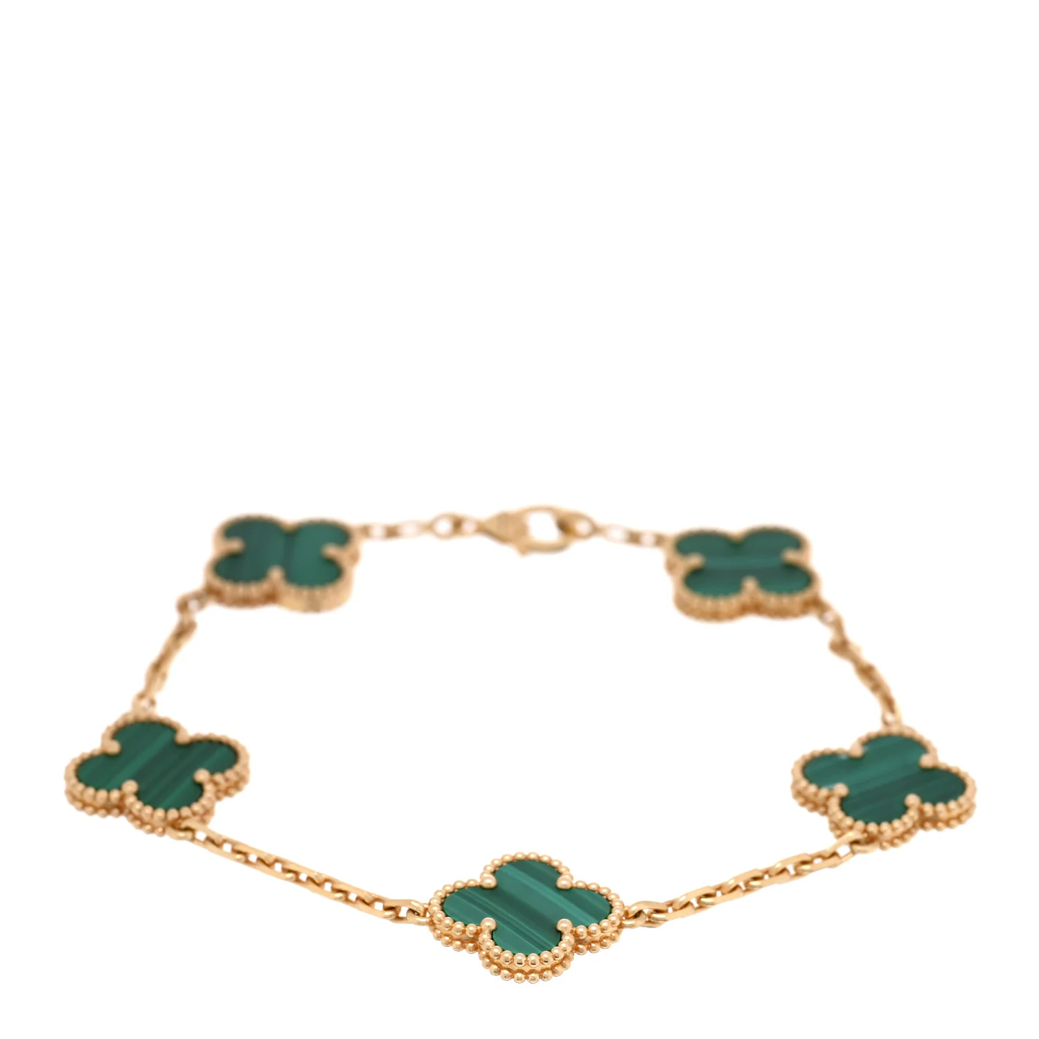18K Yellow Gold Malachite 5 Motifs Vintage Alhambra Bracelet