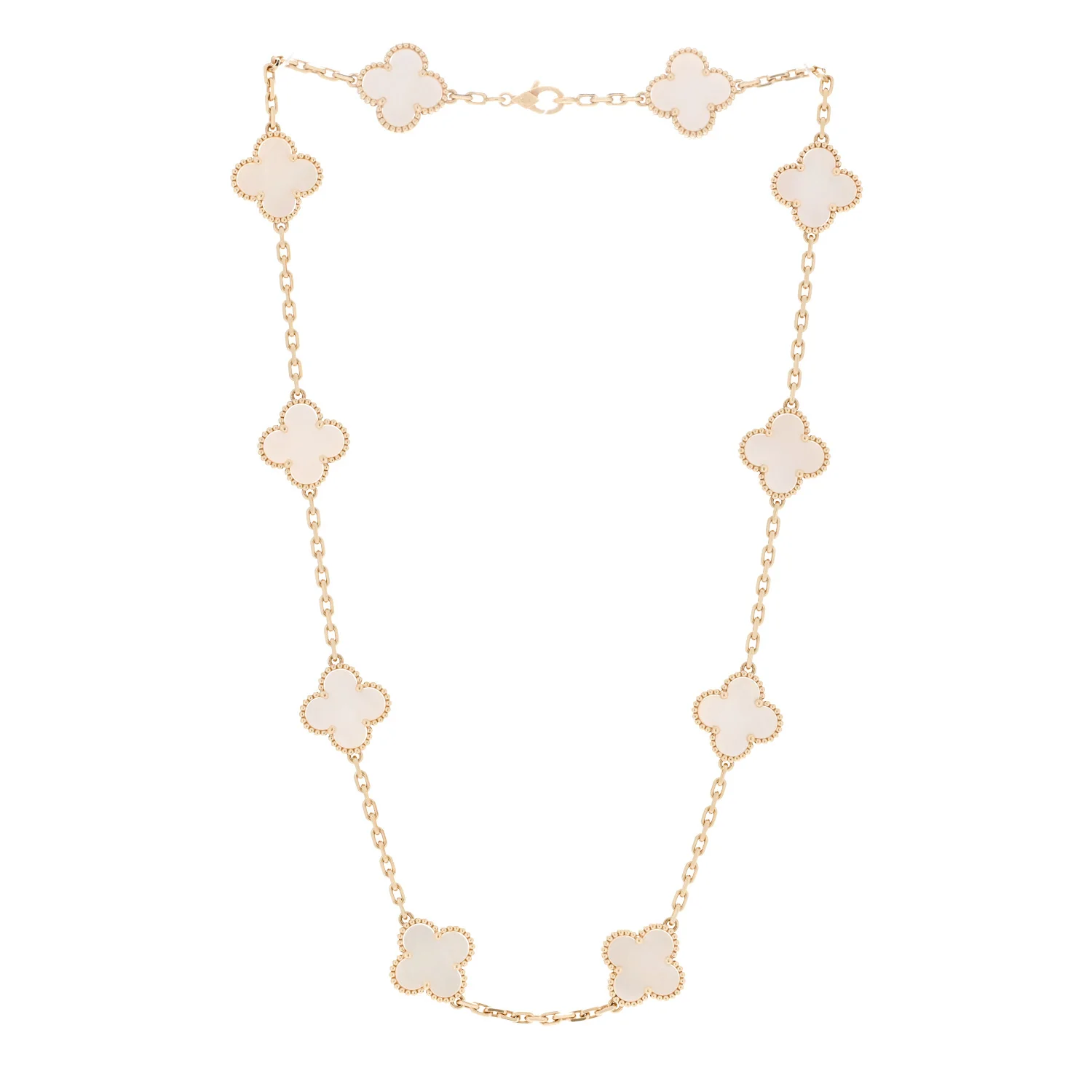 18K Yellow Gold Mother of Pearl 10 Motifs Vintage Alhambra Necklace - Image 3