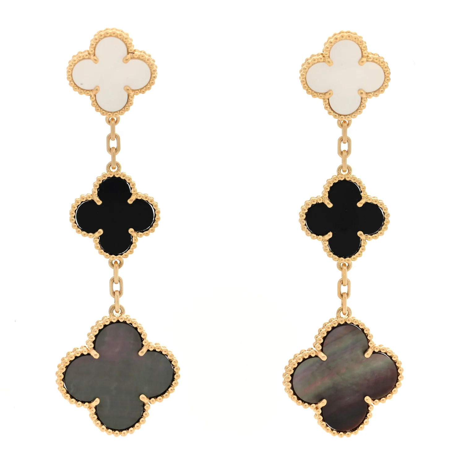 18K Yellow Gold Mother of Pearl Black Onyx 3 Motifs Magic Alhambra Earrings