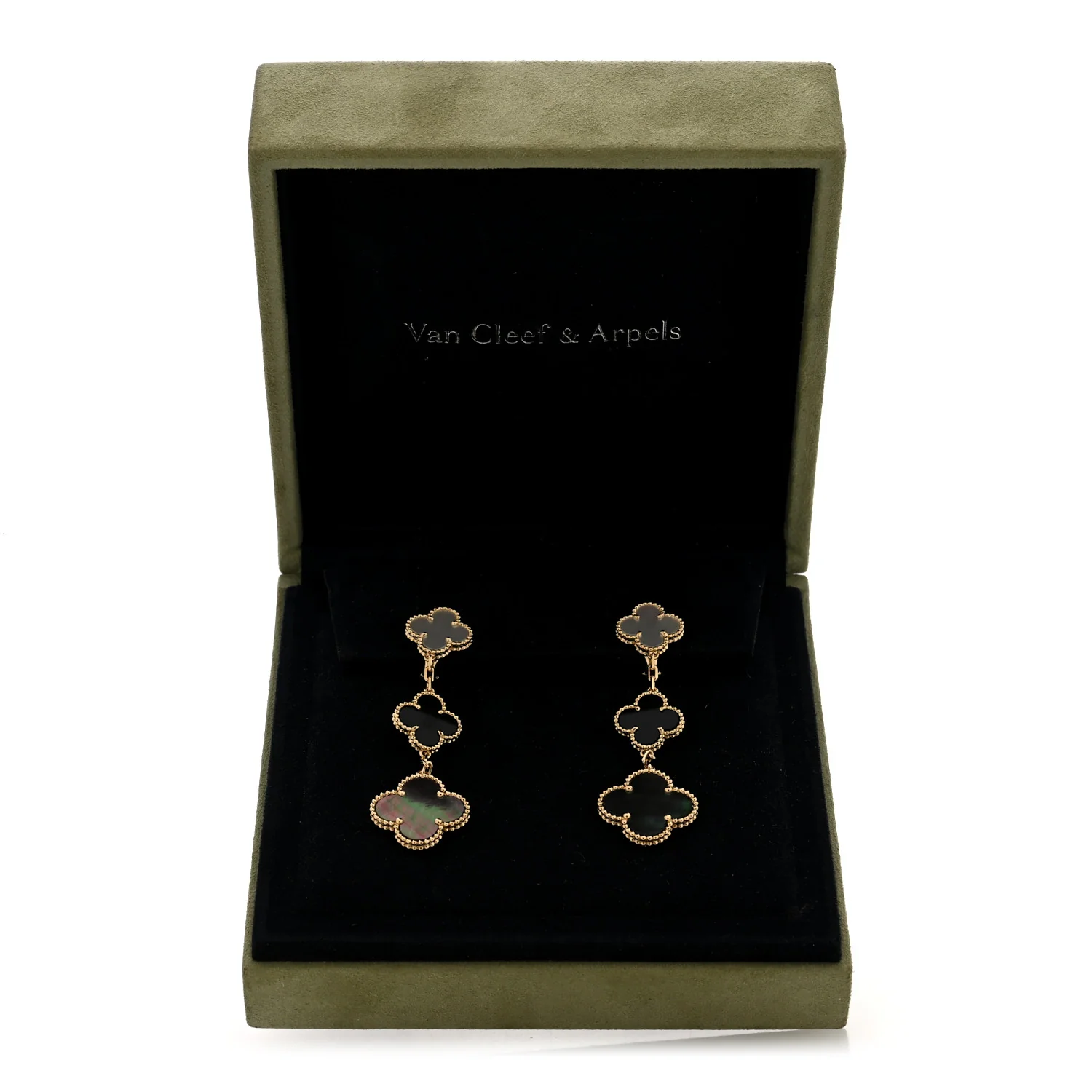 18K Yellow Gold Mother of Pearl Black Onyx 3 Motifs Magic Alhambra Earrings - Image 5