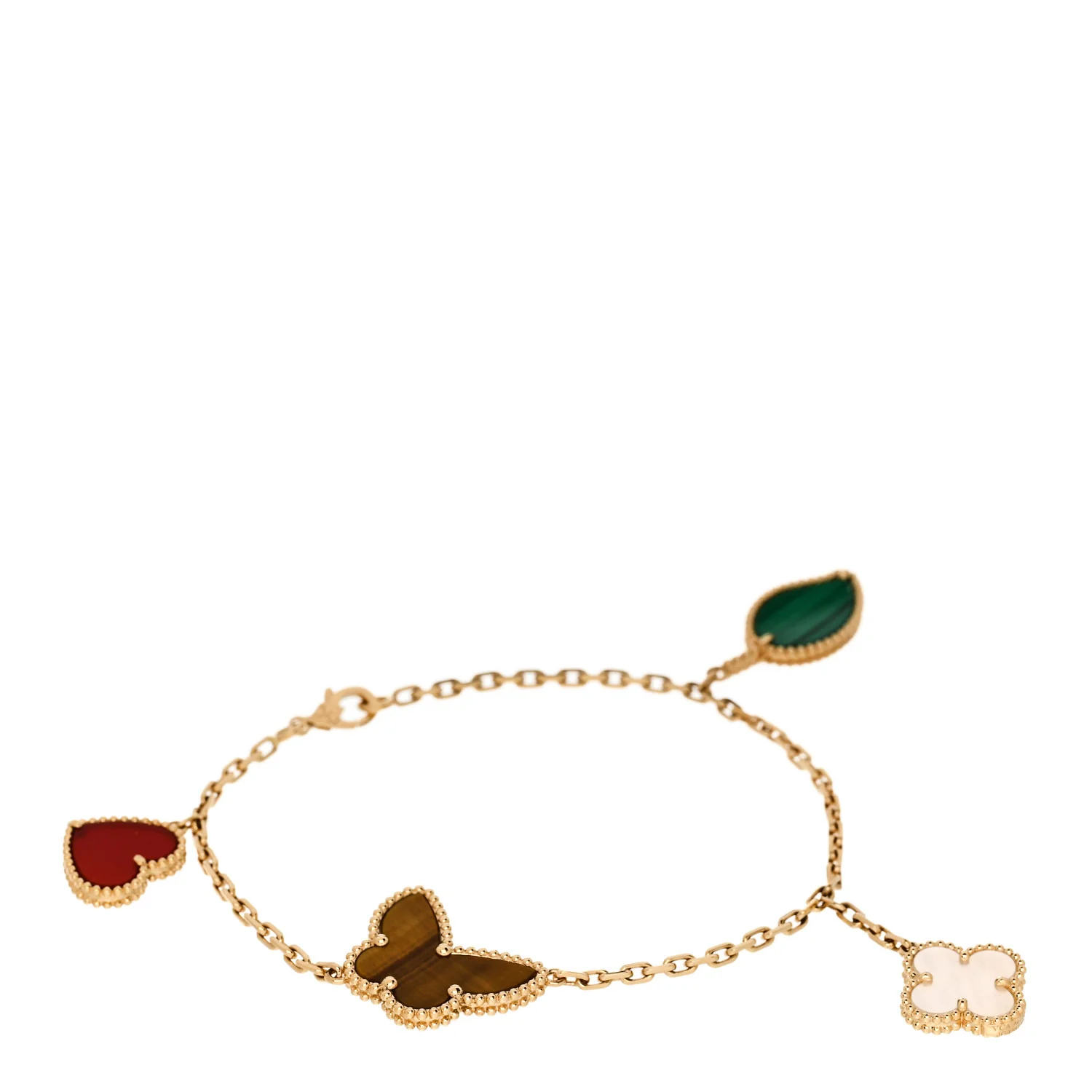 18K Yellow Gold Mother of Pearl Malachite Carnelian Tiger Eye 4 Motifs Lucky Alhambra Bracelet