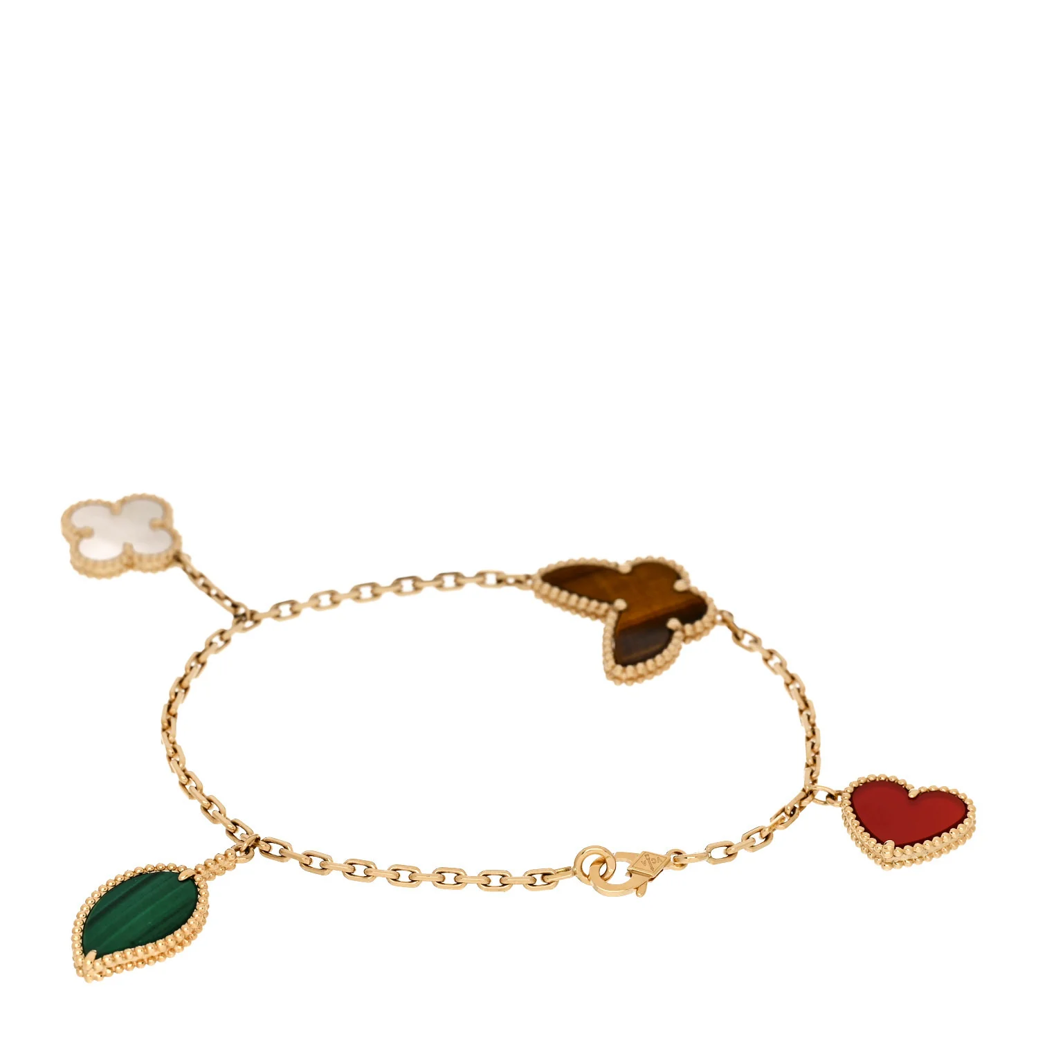 18K Yellow Gold Mother of Pearl Malachite Carnelian Tiger Eye 4 Motifs Lucky Alhambra Bracelet - Image 2