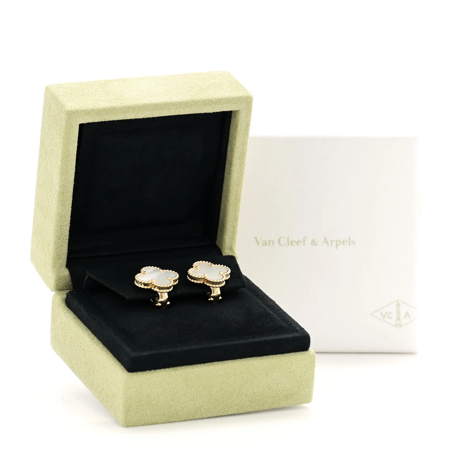 18K Yellow Gold Mother of Pearl Vintage Alhambra Earrings - Image 5