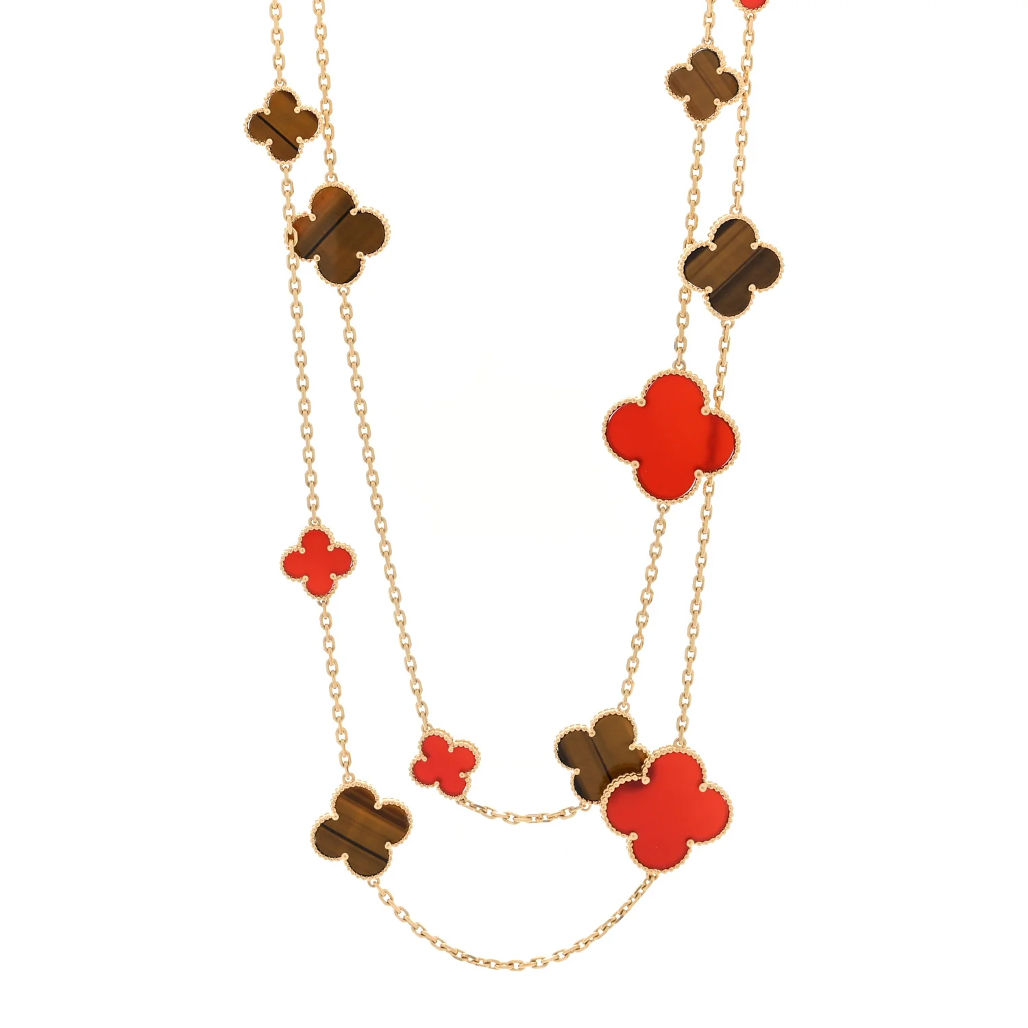 18K Yellow Gold Tiger Eye Carnelian 16 Motifs Magic Alhambra Necklace