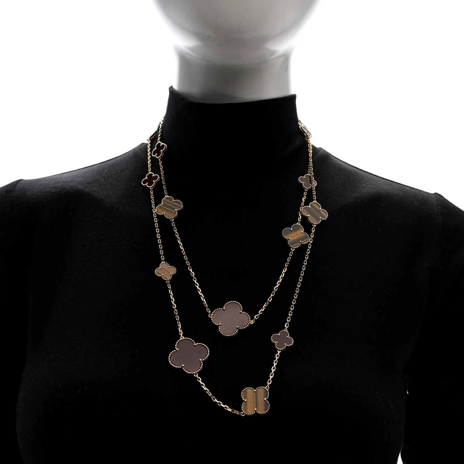 18K Yellow Gold Tiger Eye Carnelian 16 Motifs Magic Alhambra Necklace - Image 3