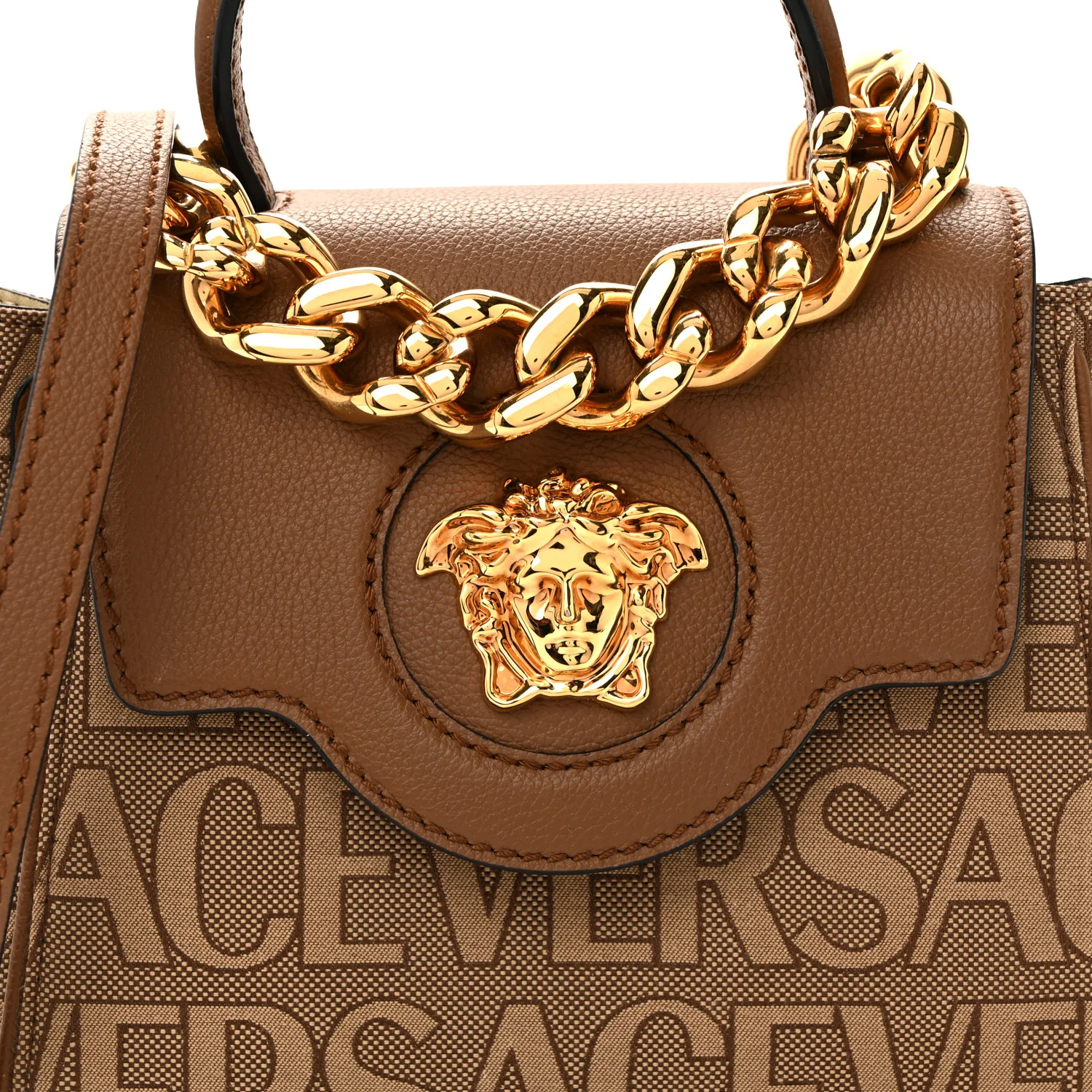 Calfskin Canvas Allover La Medusa Small Top Handle Handbag Brown - Image 7