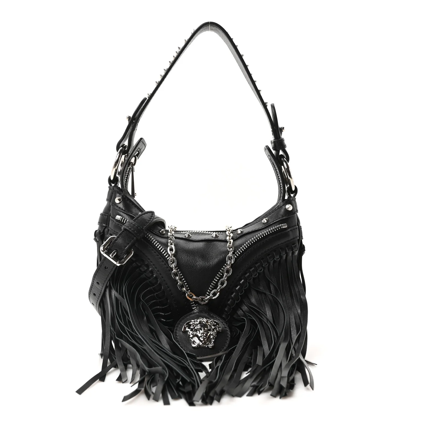 Calfskin Studded Mini Fringe Repeat Zip Hobo Black