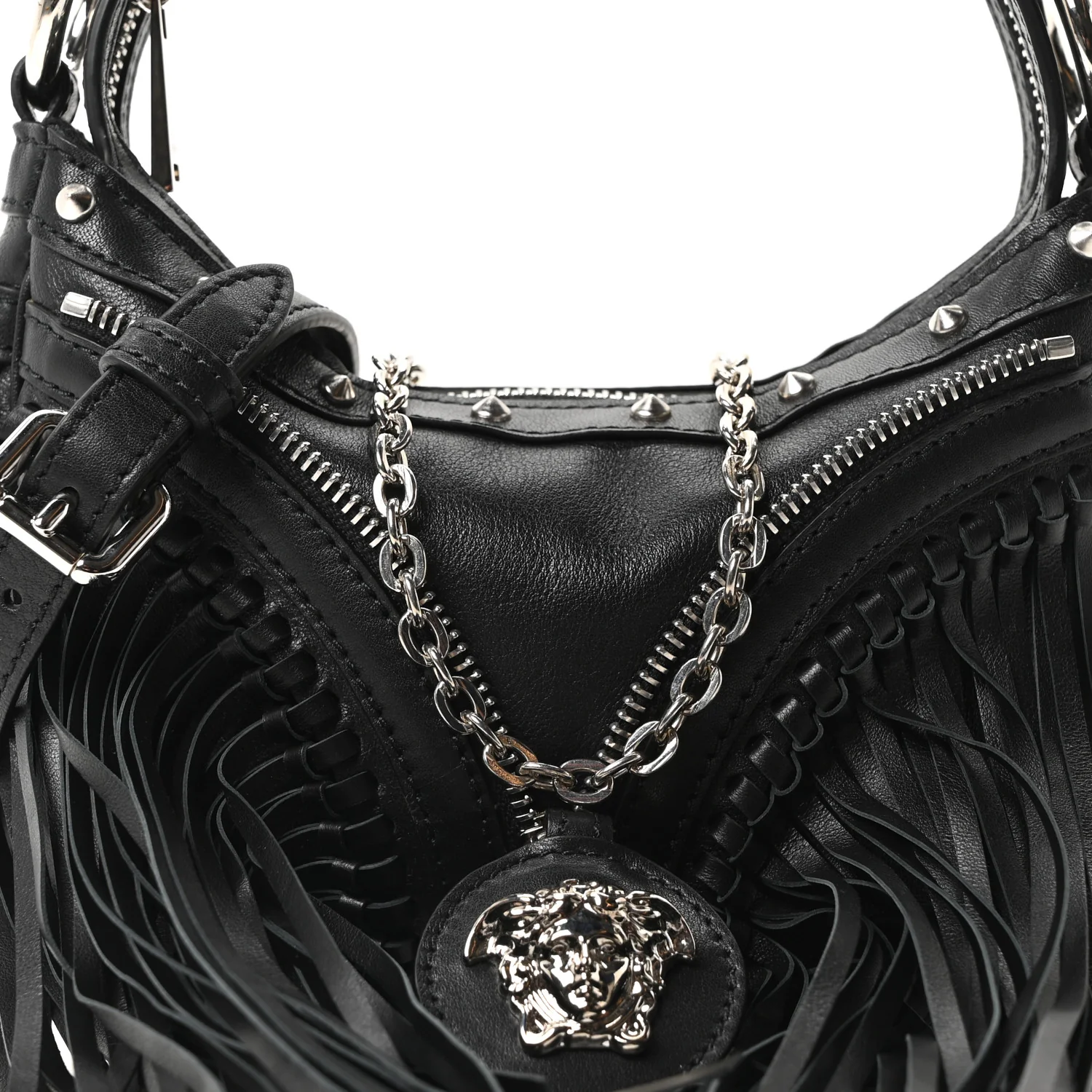 Calfskin Studded Mini Fringe Repeat Zip Hobo Black - Image 8