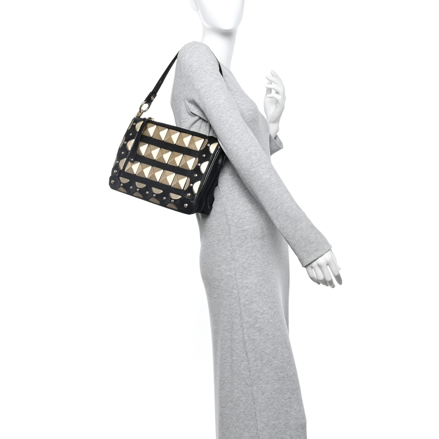 Calfskin Suede Studded Shoulder Bag Black Gold - Image 2