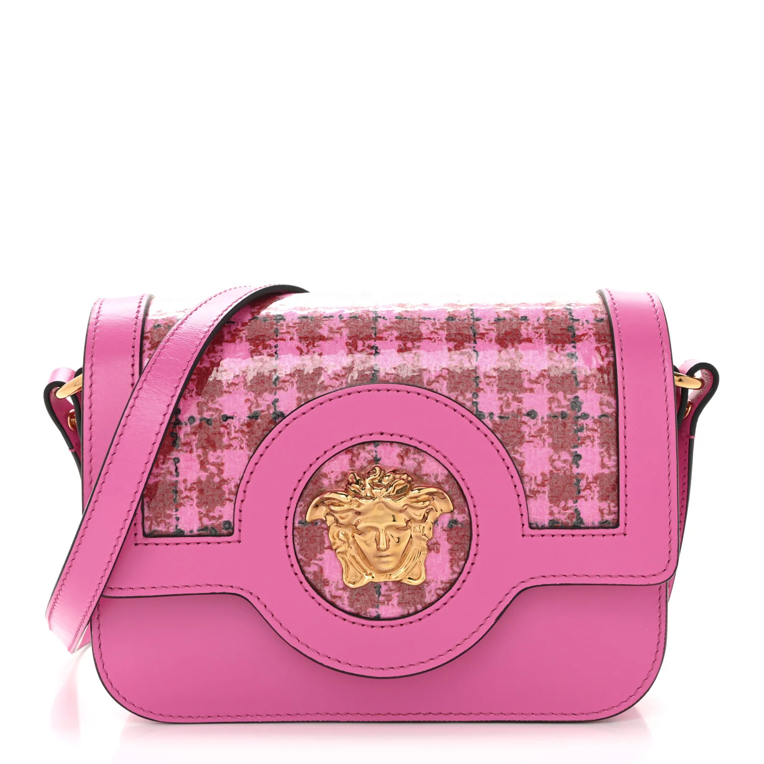 Calfskin Vinyl Small Houndstooth La Medusa Crossbody Bag Red Fuchsia