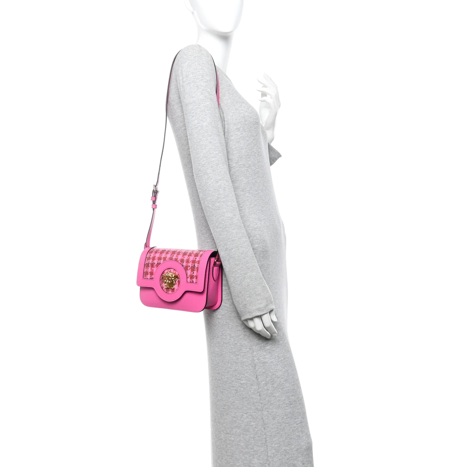 Calfskin Vinyl Small Houndstooth La Medusa Crossbody Bag Red Fuchsia - Image 2
