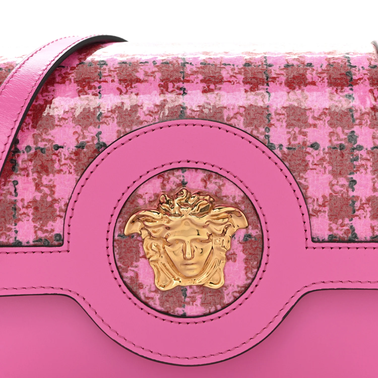 Calfskin Vinyl Small Houndstooth La Medusa Crossbody Bag Red Fuchsia - Image 7