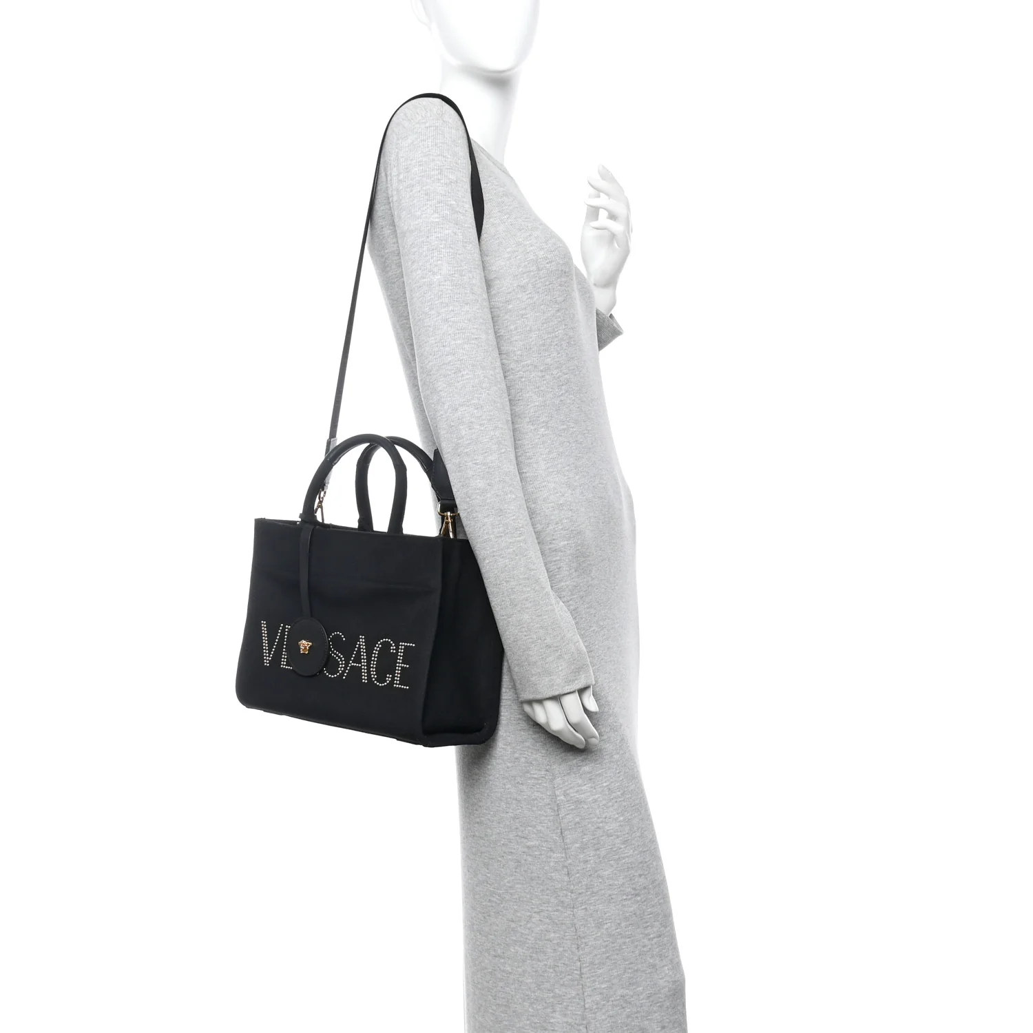 Canvas Studded Small Logo Tote Bag Black - Image 2