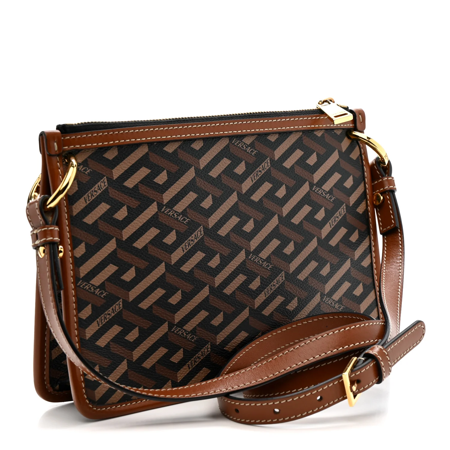 Coated Canvas Medium La Greca Signature Pouch Black Caramel - Image 3