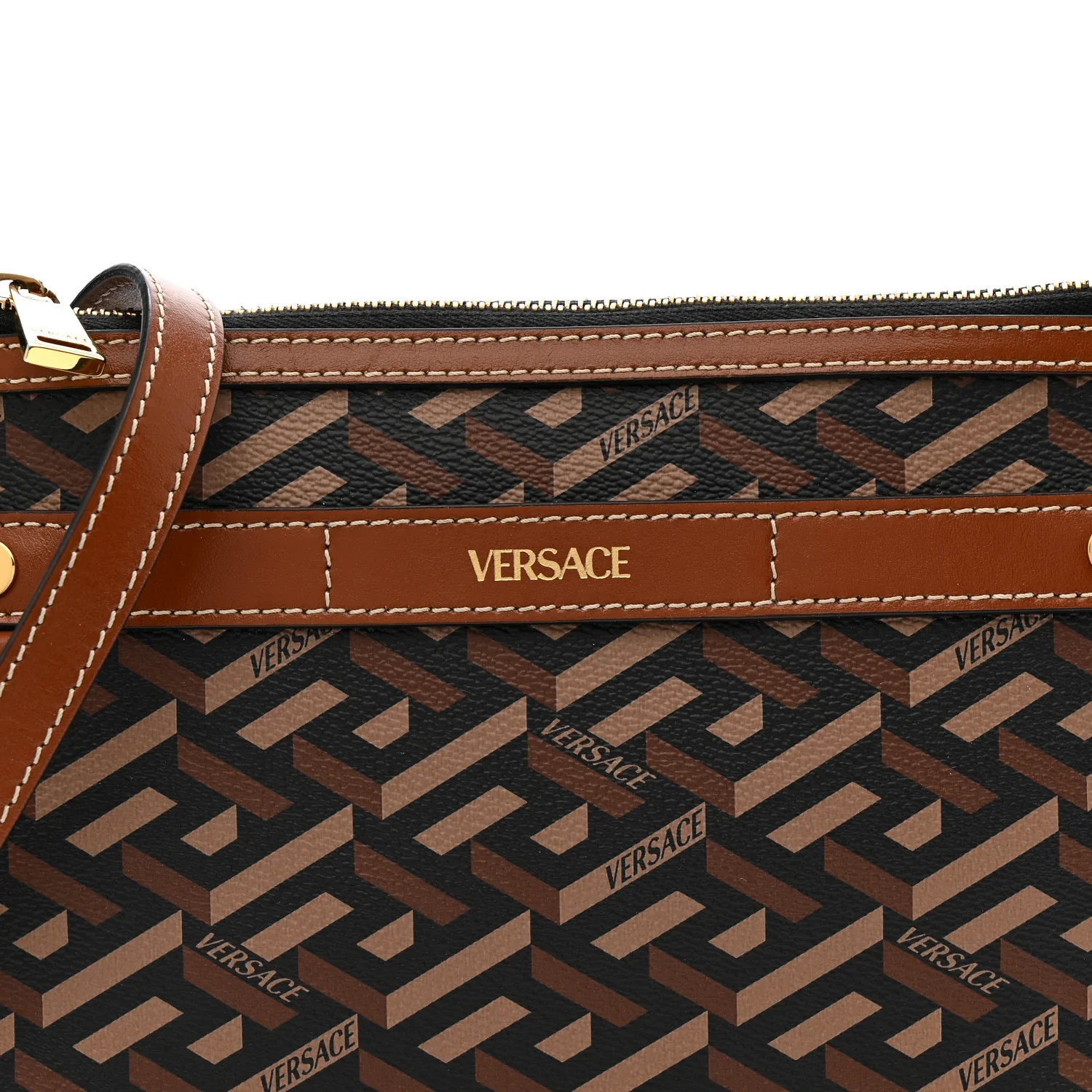 Coated Canvas Medium La Greca Signature Pouch Black Caramel - Image 7