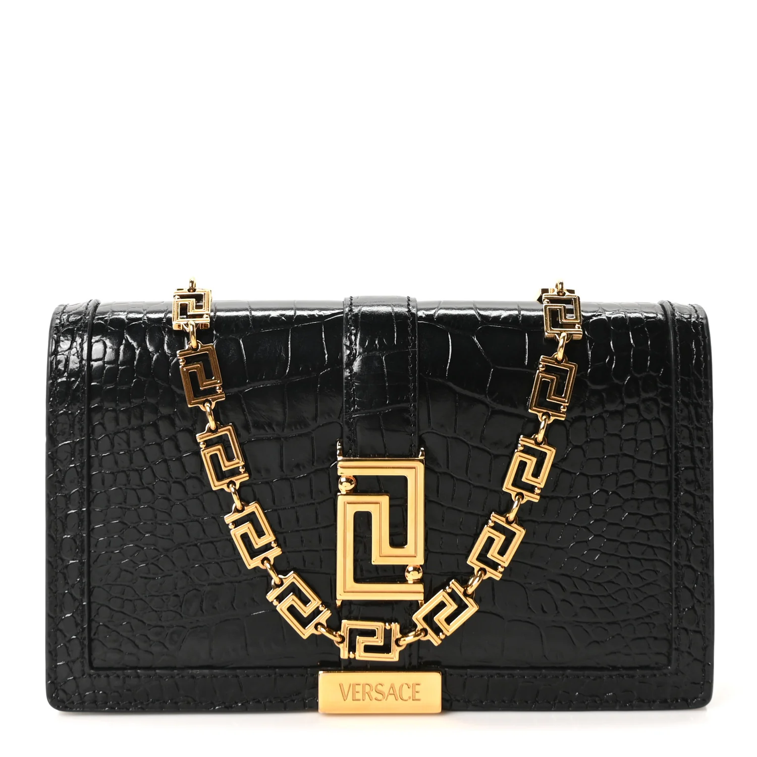 Crocodile Embossed Calfskin Greca Goddess Wallet On Chain Black