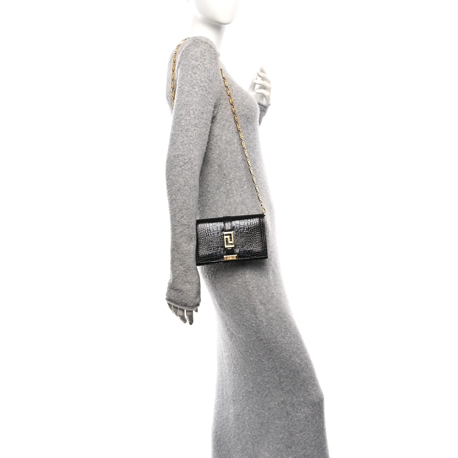 Crocodile Embossed Calfskin Greca Goddess Wallet On Chain Black - Image 2