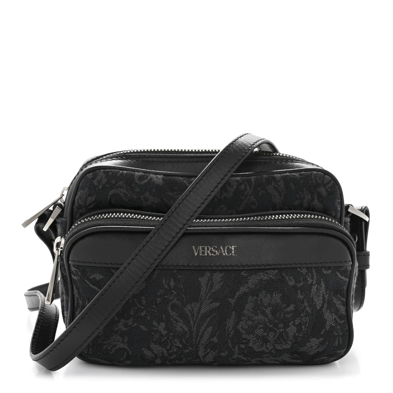 Fabric Jacquard Calfskin Barocco Crossbody Bag Black