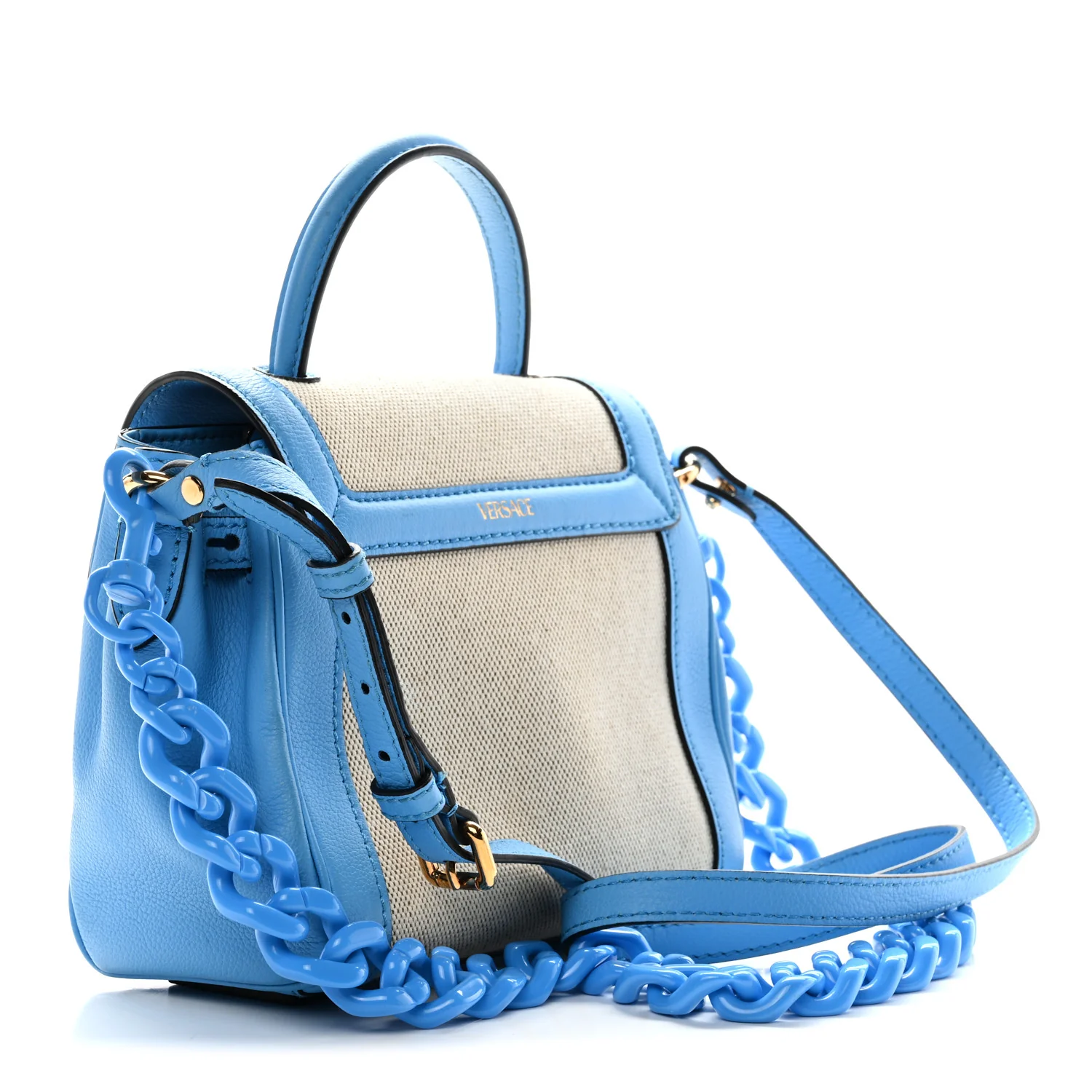 Grained Calfskin Canvas Small La Medusa Chain Top Handle Handbag Rope Blue - Image 3