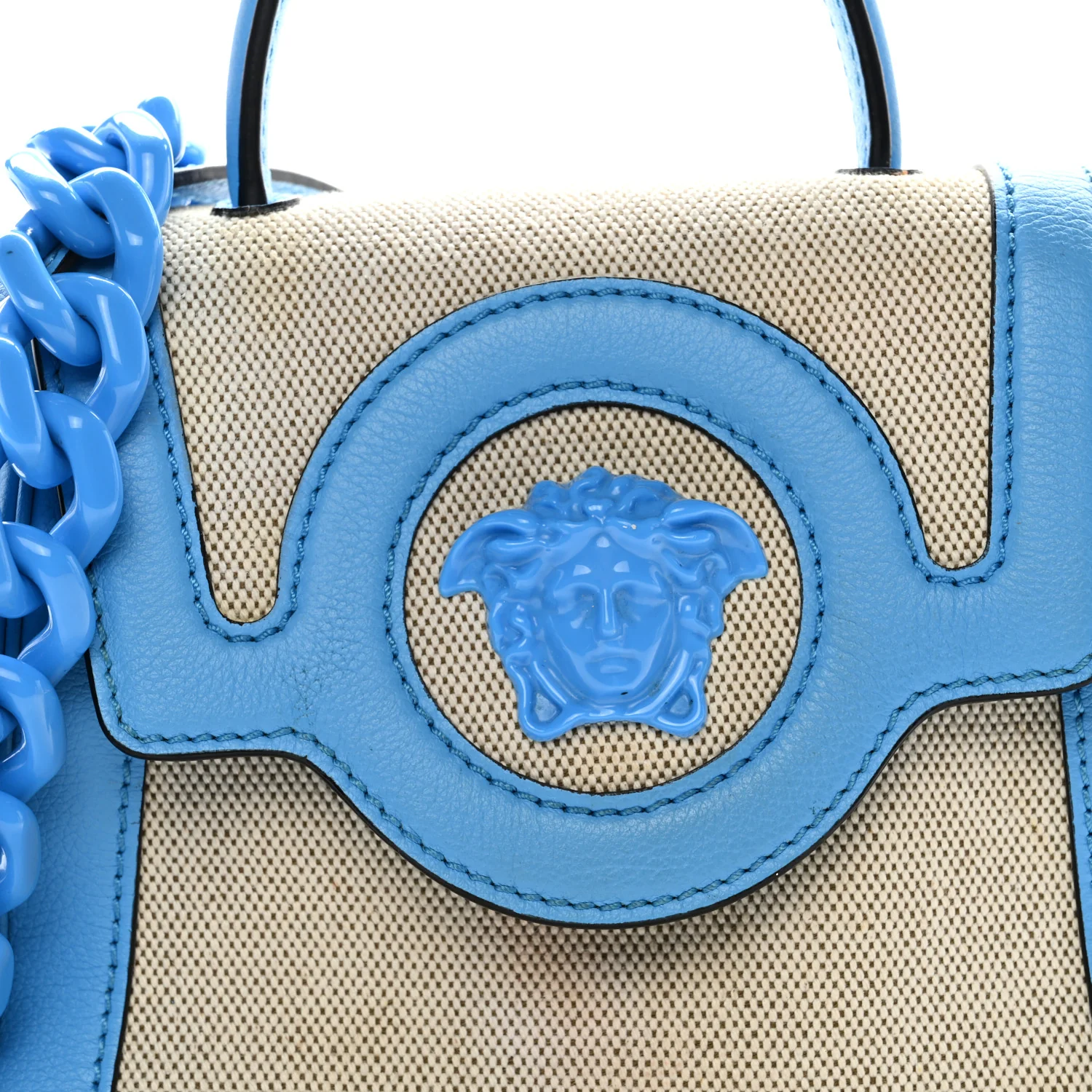 Grained Calfskin Canvas Small La Medusa Chain Top Handle Handbag Rope Blue - Image 8