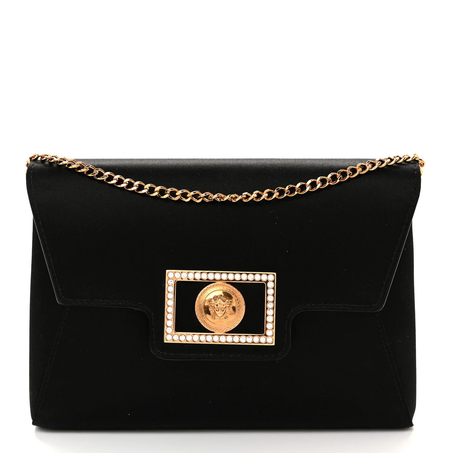 Satin Crystal La Medusa Pouch On Chain Black